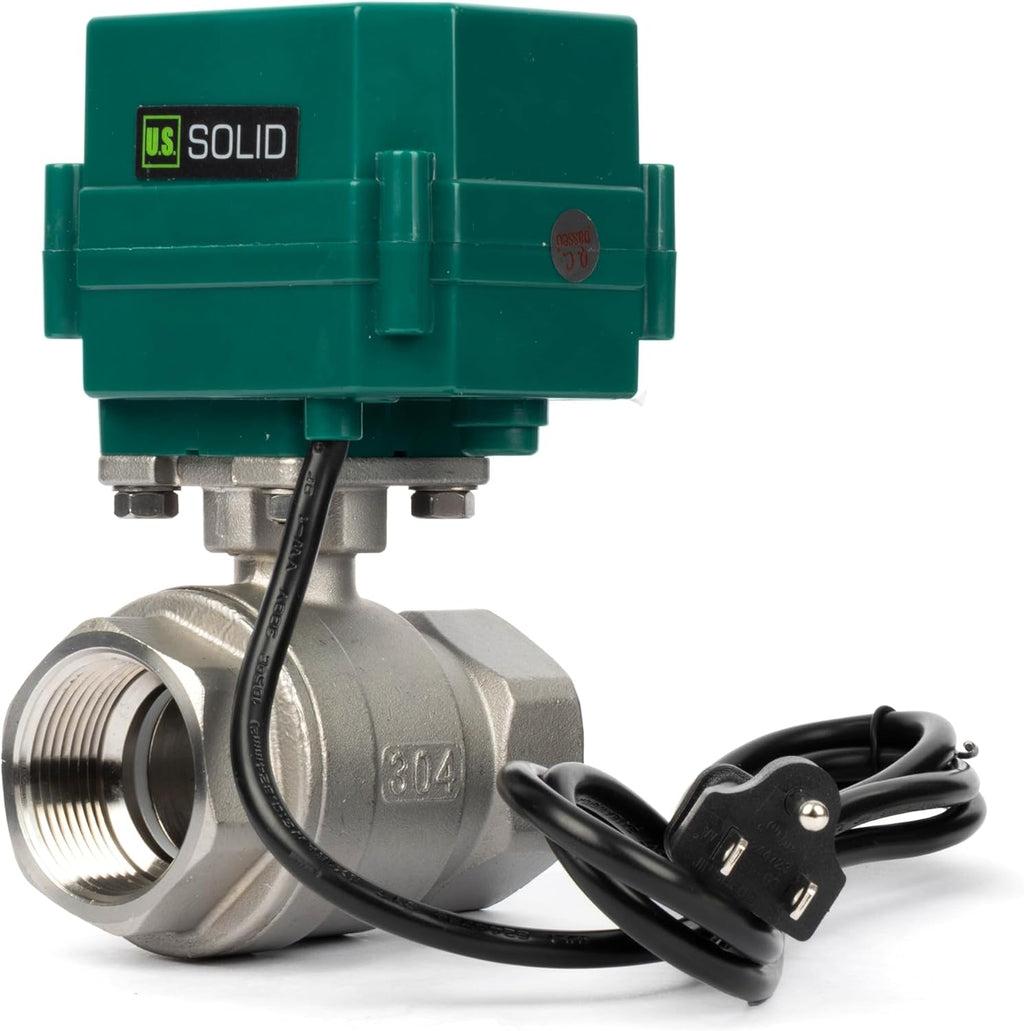 U.S. Solid 1-1/2" Motorized Ball Valve with US Plug 110VAC Stainless Steel Electrical Ball Valve,Auto Return, Normally Open