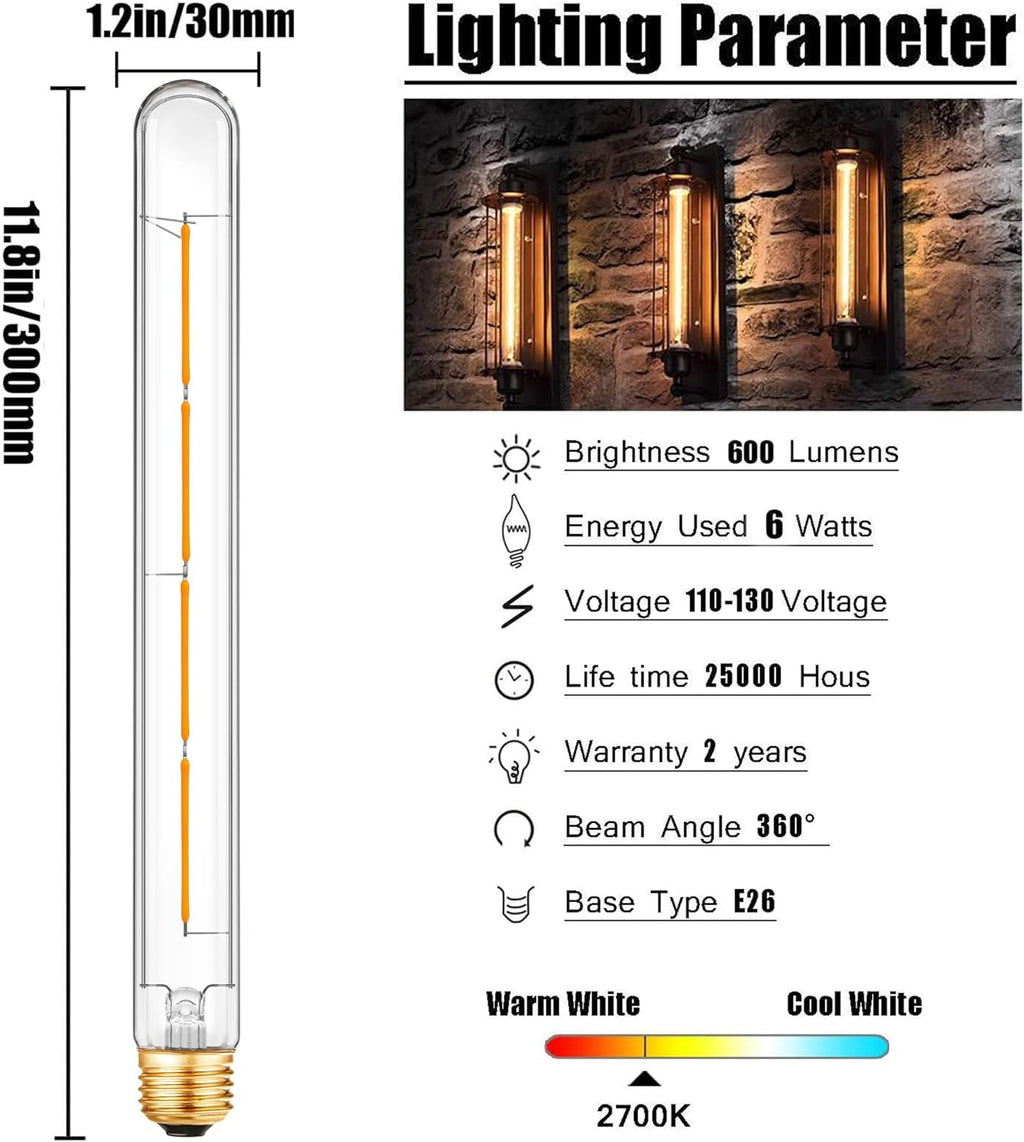 XININSUN T300 Led Bulb, 11.8 Inch Long Tubular Led Light Bulbs, 100Watt Equivalent, 1000lm, Dimmable, Clear Glass, E26 10W T10 LED Edison Tube Lamp Bulb,4 Pack. (6W=60W 2700K)