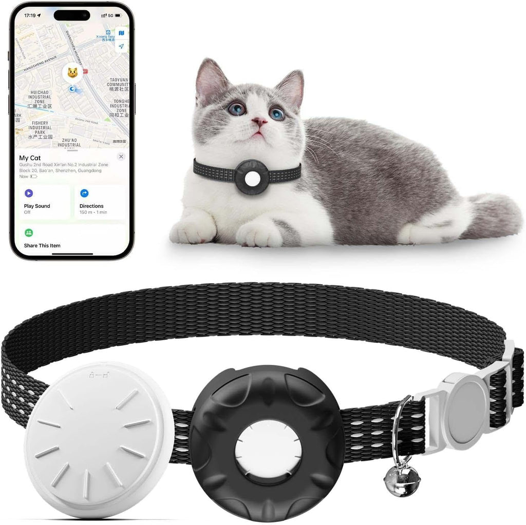 Cat Tracker, Cat Tracker Collar with Safety Elastic Buckle, Works with Any Collar,Compatible with Apple Find My App (Only iOS), No Monthly Fee, Waterproof, Black