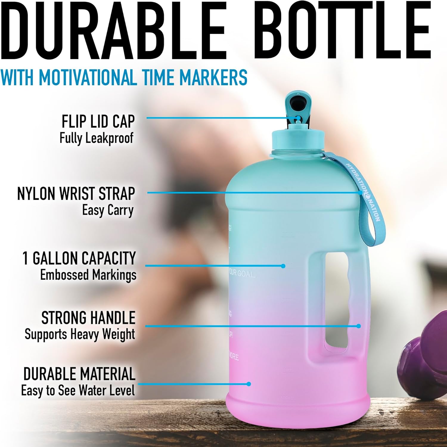 Hydration Nation 1 Gallon Water Bottle with Times to Drink - Motivational Time Reader Leak-Proof Jug with Flip Cap & Strap - 128oz Sports Bottle