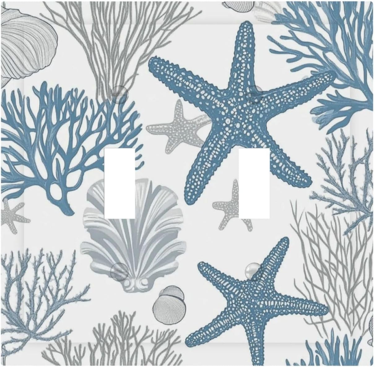 Blue Starfish Nautical Beach Conch Coastal Coral Shell Decorative Switch Plates 2 Gang Double Toggle Outlet Light Switch Cover Wall Plate Electrical Faceplate For Kids Room Bathroom Decor