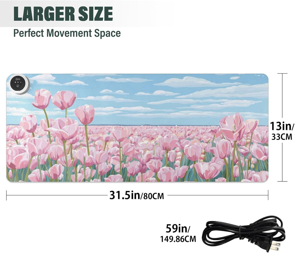 Heated Desk Pad Mouse Pad 31.5x13 Inch PU Leather Desk Mat with 3 Heat Levels Large Mouse Gaming Computer Laptop Mat Pink Tulip Field and Blue Sky
