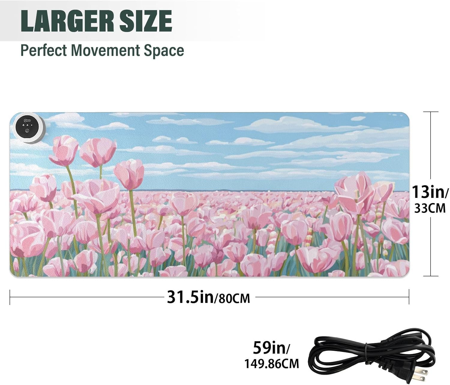 Heated Desk Pad Mouse Pad 31.5x13 Inch PU Leather Desk Mat with 3 Heat Levels Large Mouse Gaming Computer Laptop Mat Pink Tulip Field and Blue Sky