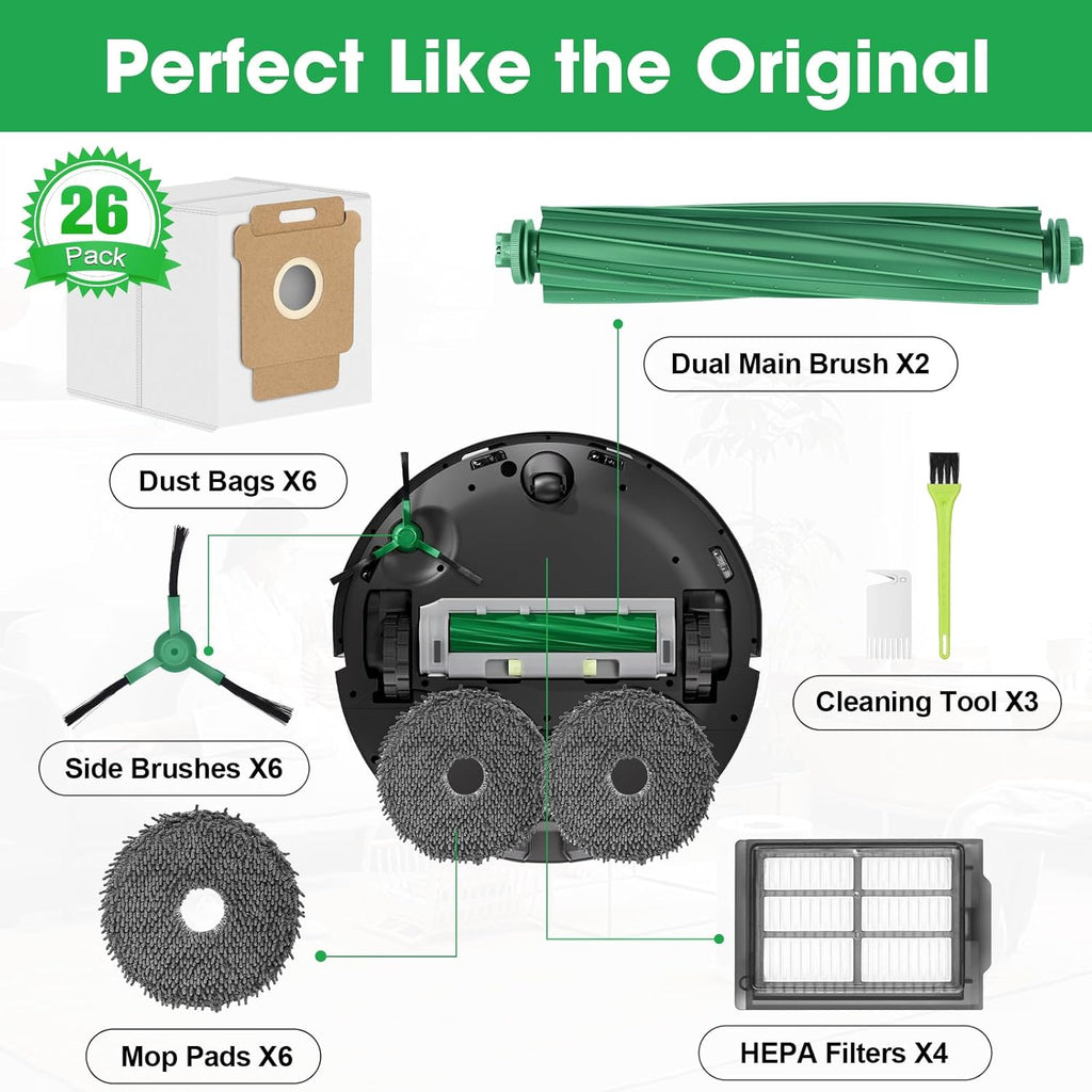 Roomba 405 Combo Accessories Replacement Parts for iRobot Roomba Plus 405/505 / 507 Combo Kit Accessory Set, 2 Roller Main Brushes, 6 vacuum Dust Bags 6 Mop Pads 4 Hepa Filters 6 Side Brushes
