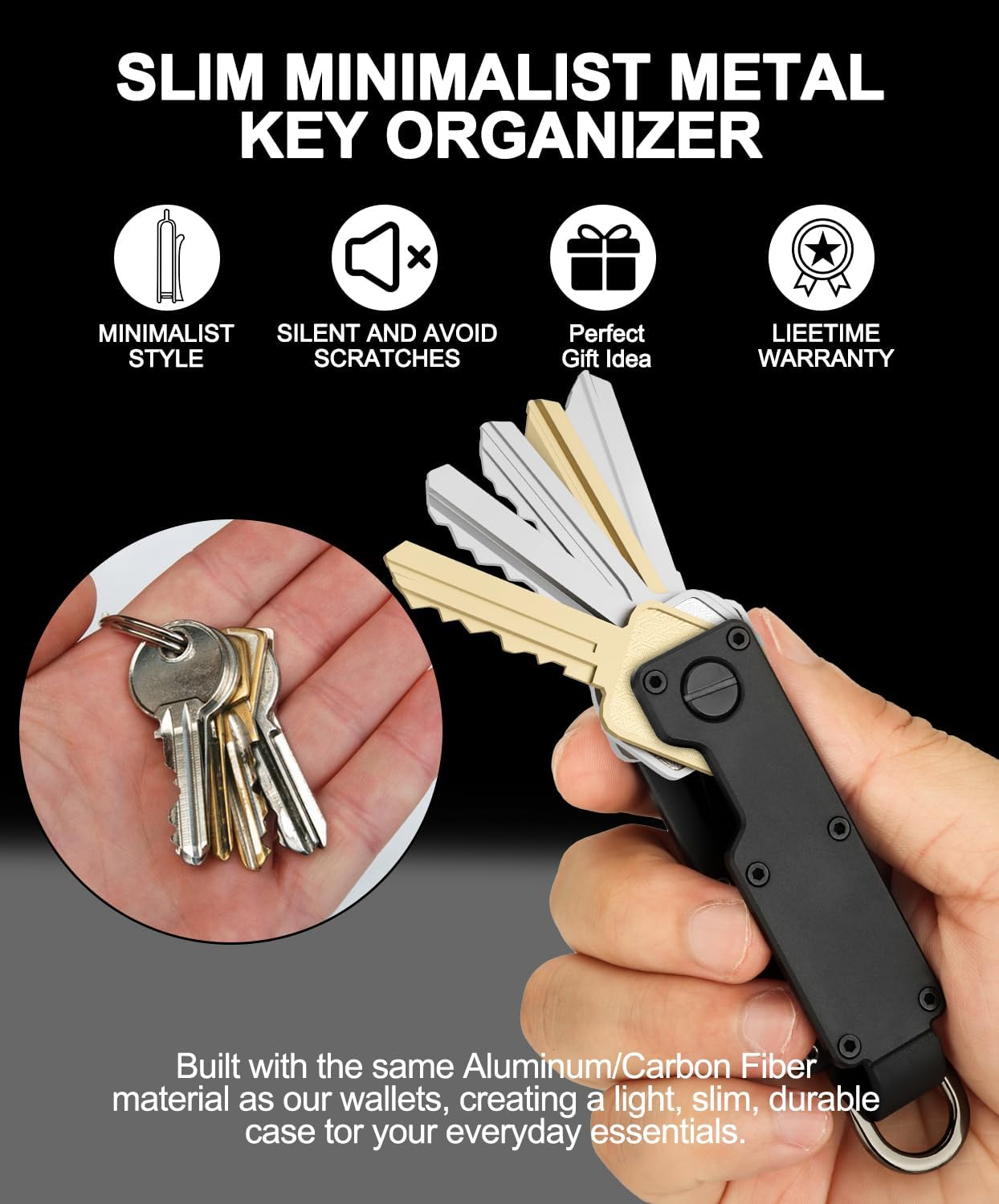 Mens Key Organizer - Compact Metallic Key Holder | Minimalist Innovative Keyholder | Smart Keychain Secures 1-5 Keys