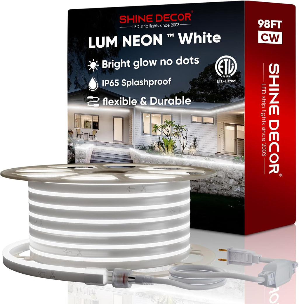 Shine Decor LED Neon Rope Lights AC 120V, Expandable & Cuttable 120LEDs/M Bright Strip Lighting, ETL Cold-Resistant & IP65 Waterproof for Indoor Outdoor, 8x16mm, 6300K Cool White, 98.4ft