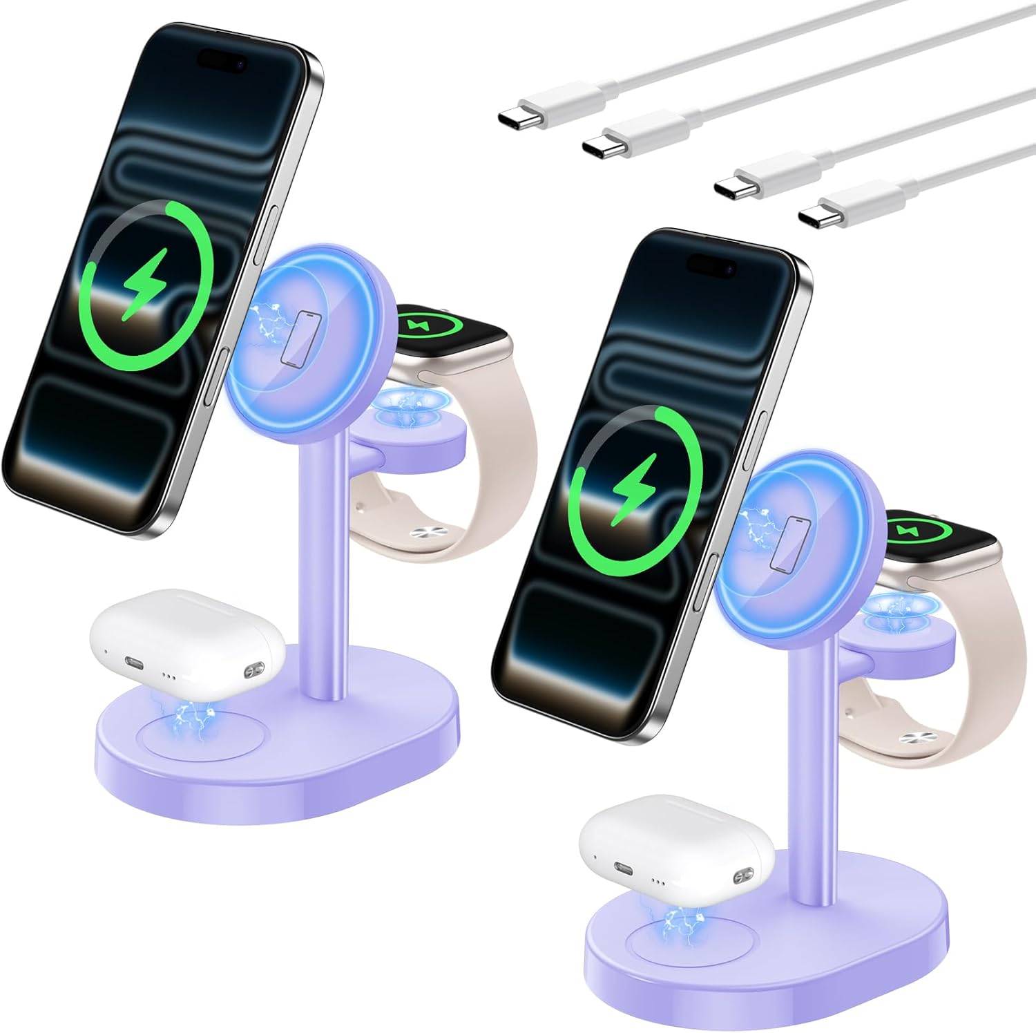 2025 3 in 1 Wireless Charging Station for Apple MagSafe Charger, 15W Fast Magnetic Mag-Safe Charger Stand for iPhone 17 16 15 14 13 12 Watch AirPods, 2 Pack(Adaptor Not Included)
