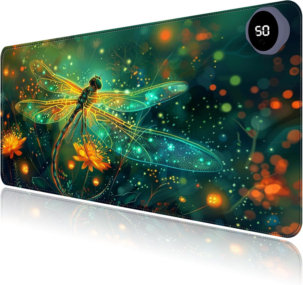 Heated Mouse Pad with 3 Levels Heated & 3 Hours Auto Shut-Off Mouse Pad for Warming Hands in Office Home, 23.6" x 14.2"Large Safe Desk Mat Hand Warmer，Glowing Dragonfly