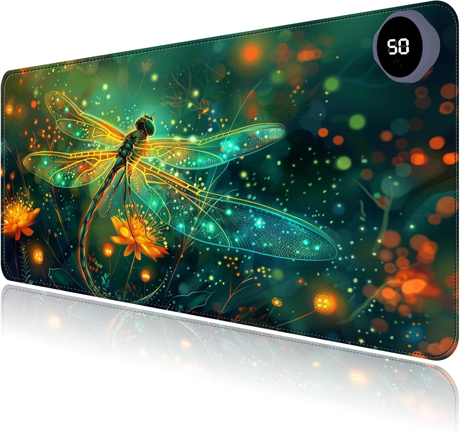 Heated Mouse Pad with 3 Levels Heated & 3 Hours Auto Shut-Off Mouse Pad for Warming Hands in Office Home, 31.5" x 13"Large Safe Desk Mat Hand Warmer，Glowing Dragonfly