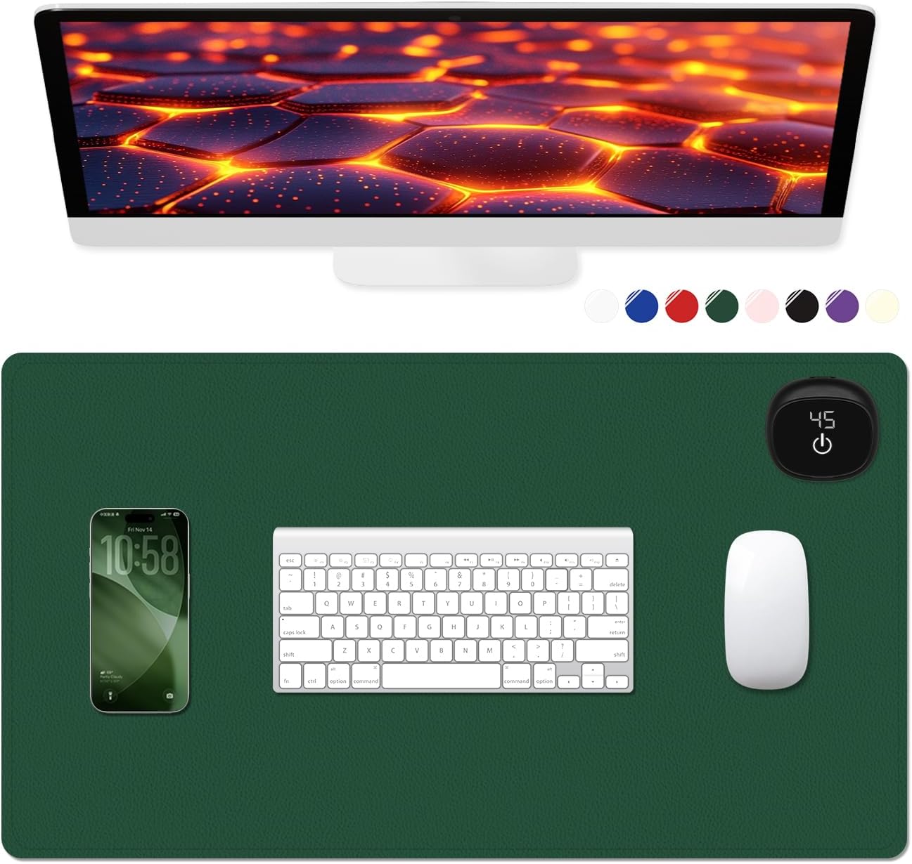 Heated Desk Pad, 23.6" x 14.2" Leather Non-Slip Warm Desk Pad, Large Mouse Mat with 3 Levels Heating & 3 Hours Auto Shut-Off, Hand and Foot Warmer for Office, Home, Green