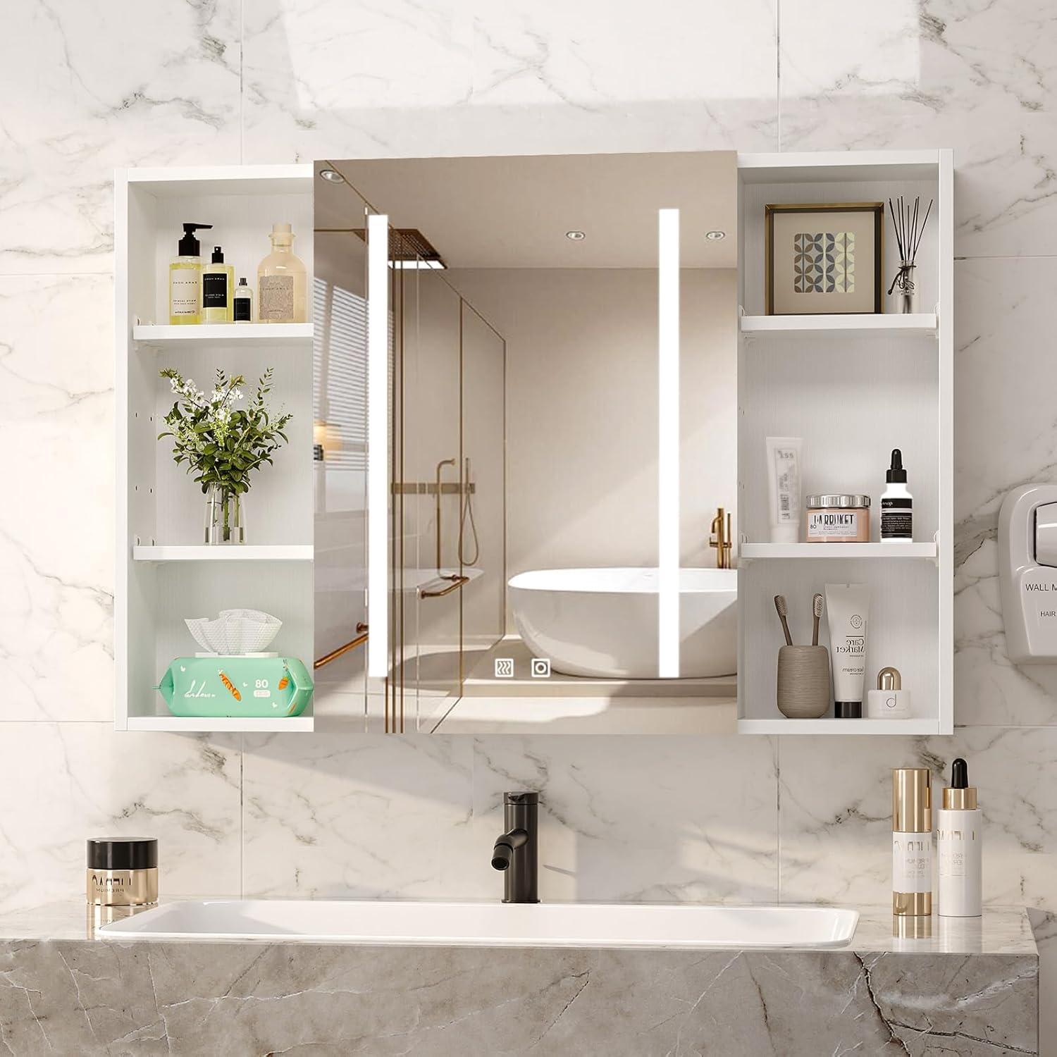 VINGLI 36Inch Medicine Cabinet with Lights, Lighted Medicine Cabinet with Mirror, Bathroom Vanity Mirror with Storage,Wall Mounted Anti-Fog Dimmable Light and Color Adjustment,5.9" D x 36" W x 24" H