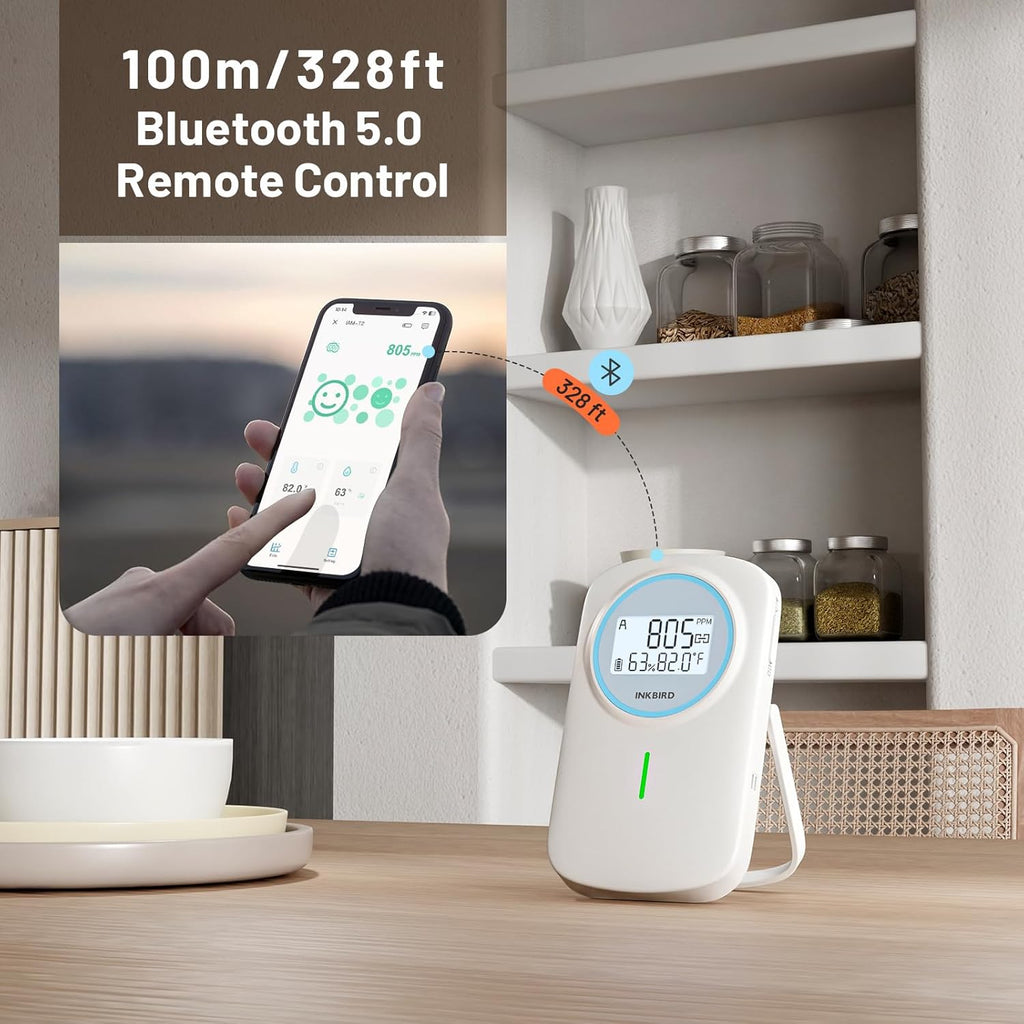INKBIRD Ndir CO2 Detector Battery Powered Bluetooth | Smart 3 in 1 CO2 Monitor with App | Carbon Dioxide & Temperature & Humidity Air Quality Monitor Indoor | for Home, Office, RV, Grow Tent (IAM-T2)