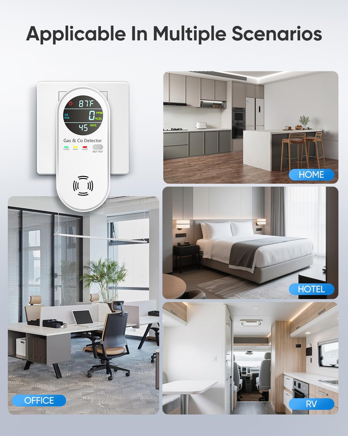 Carbon Monoxide Detectors & Natural Gas Detector, 4-in-1 Carbon Monoxide Detectors Plug in, Gas Leak Detector with Dual Alarms, Temperature & Humidity Sensor for Home, RV Essentials, White, 1 Pack