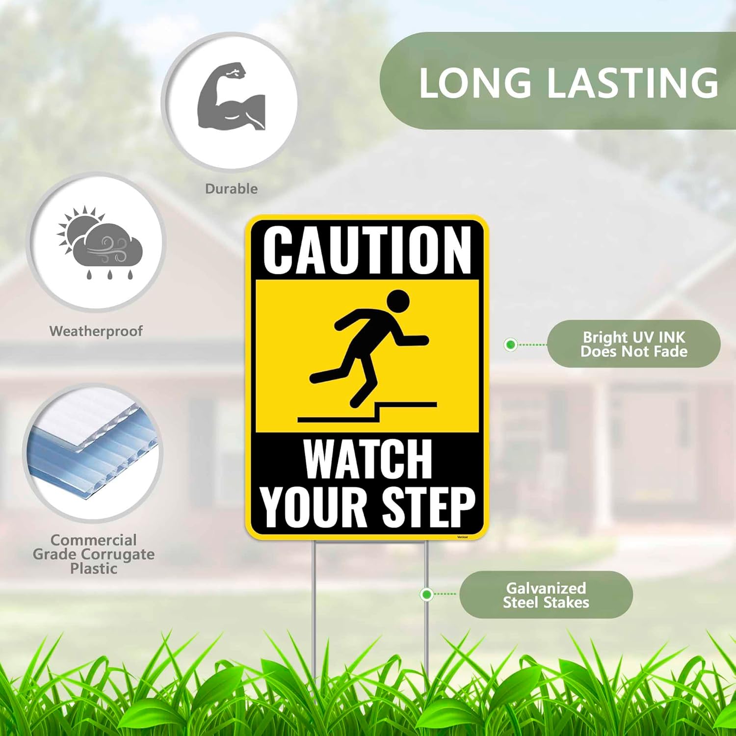 2PC Watch Your Step Sign with Metal Stakes, 12 Inches by 9 Inches - Corrugated Plastic - Caution Please Watch Your Step Sign Outdoor
