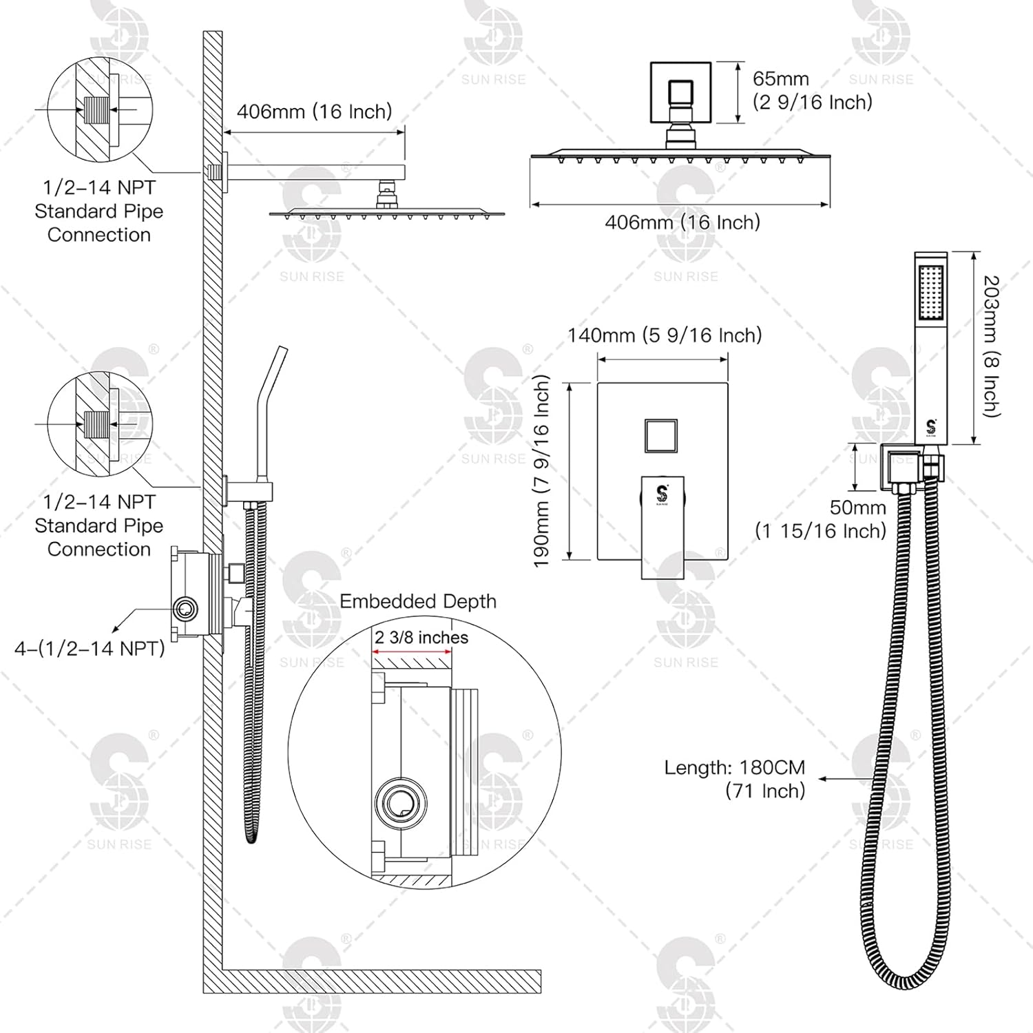 SR SUN RISE Matte Black Square Rainfall Shower Head and Handle Set, Wall Mounted Shower Fixtures, Metal Shower Faucet Trim Repair Kits (With Shower Valve) 16 Inches