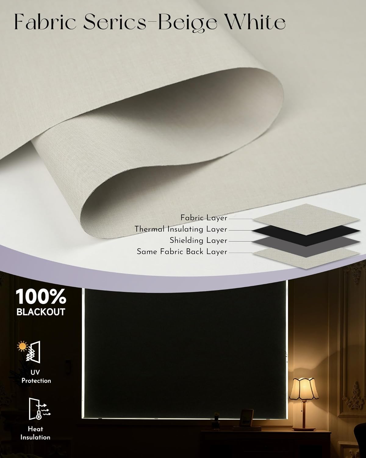 Graywind Smart Blackout Roller Shades Compatible with Alexa Google WiFi Hardwired Triple Weaved Fabric Motorized Blinds Remote Window Shades, Custom Size (Beige White)