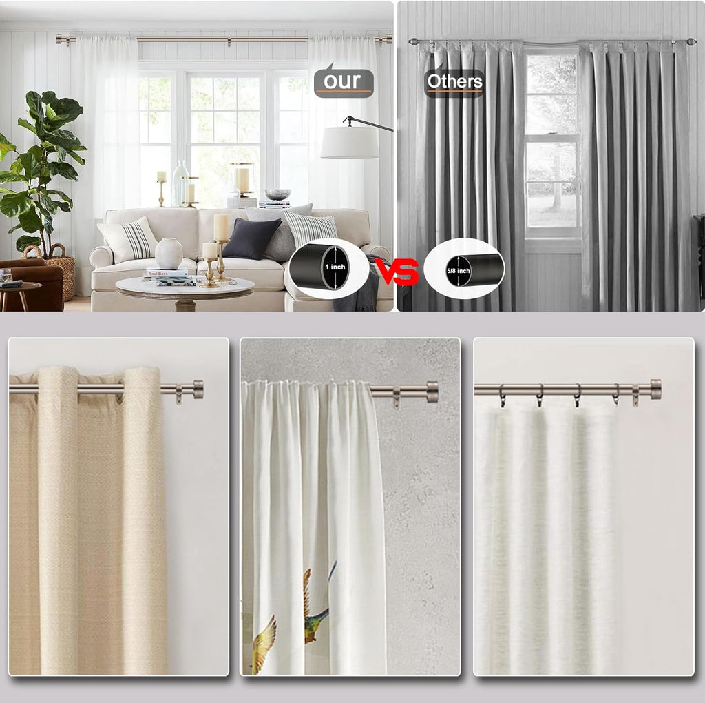 Brushed Nickel Curtain Rod for Windows 18 to 144 Inches, 1 Inch Adjustable Drapery Pole, Heavy Duty Outdoor/Indoor Modern Curtain Rods, Easy Installation(Satin Nickel 18"-144")