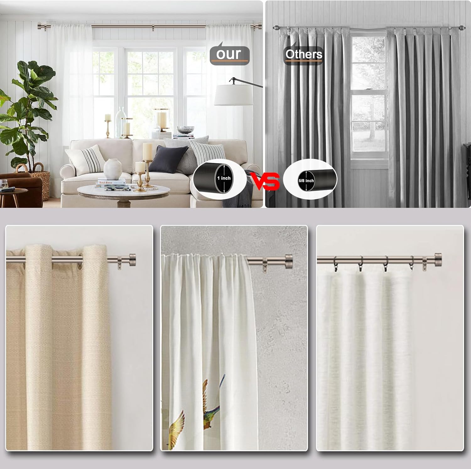 Brushed Nickel Curtain Rod for Windows 18 to 88 Inches, 1 Inch Adjustable Drapery Pole, Heavy Duty Outdoor/Indoor Modern Curtain Rods, Easy Installation(Satin Nickel 18"-88")
