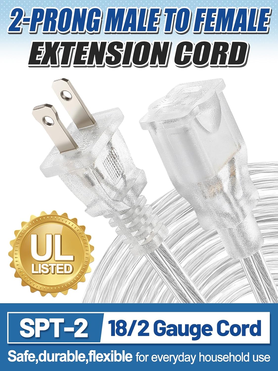 15ft Clear Extension Cord - Male to Female Invisible Indoor Thin 2 Prong Power Cable for Christmas Light Extension Cord, UL-Certified (2 x 18 AWG 250V 6A)
