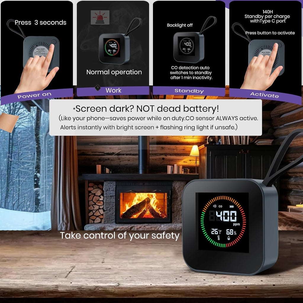 3-in-1 Portable Carbon Monoxide Detector for Travel – UL-Compliant CO Alarm with Temperature and Humidity Monitor, USB-C Rechargeable for RV, Hotel, Camping (1, Gray)