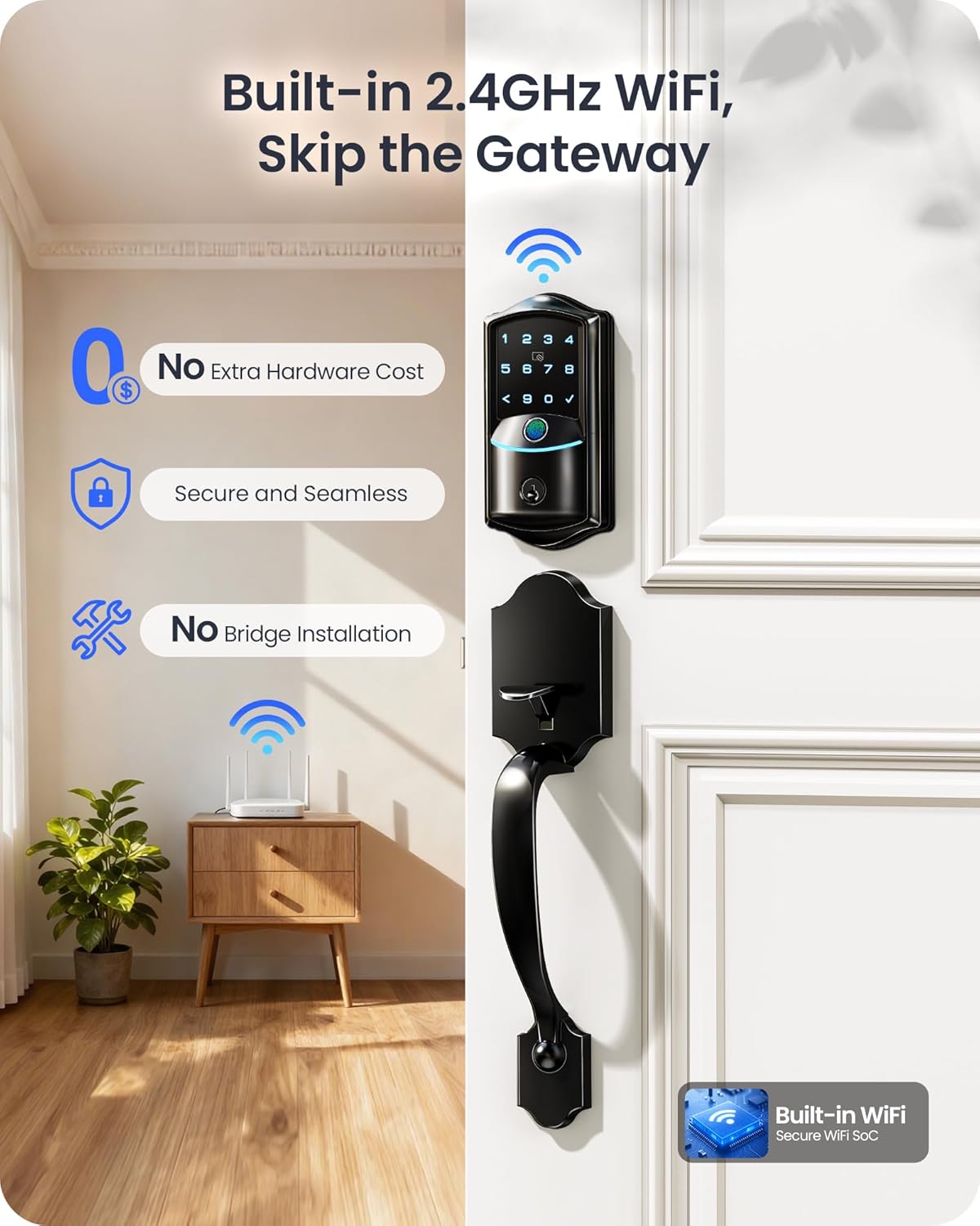 Veise VE027-H WiFi Fingerprint Smart Deadbolt Lock with Handleset, App Remote Control, Keyless Entry Front Door Lock Set, Built-in Wi-Fi, Touchscreen Keypad, Auto-Lock, Easy Setup, Matte Black