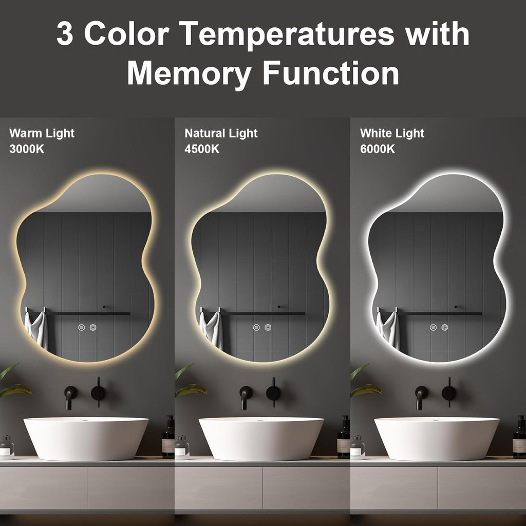 30"x22" Irregular LED Bathroom Mirror with Front & Backlight, Anti-Fog, Dimmable, 3 Color Modes, Wall-Mounted [Horizontal/Vertical]
