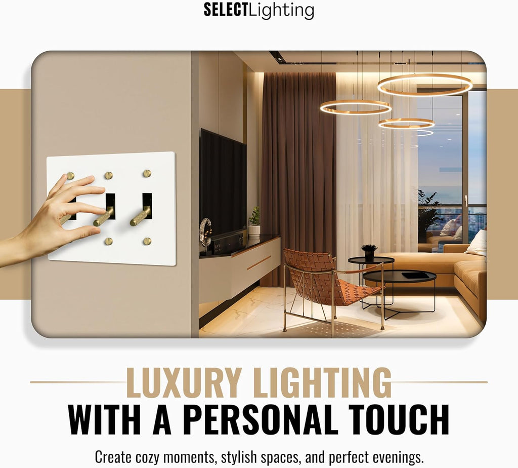 Select 15A 120V AC 3-Gang Toggle Switch, White with Solid Brass Vintage Style Single Pole 3 Way Compatible Wall Mount Toggle Switch, Included Faceplate & Switch Module, UL Listed