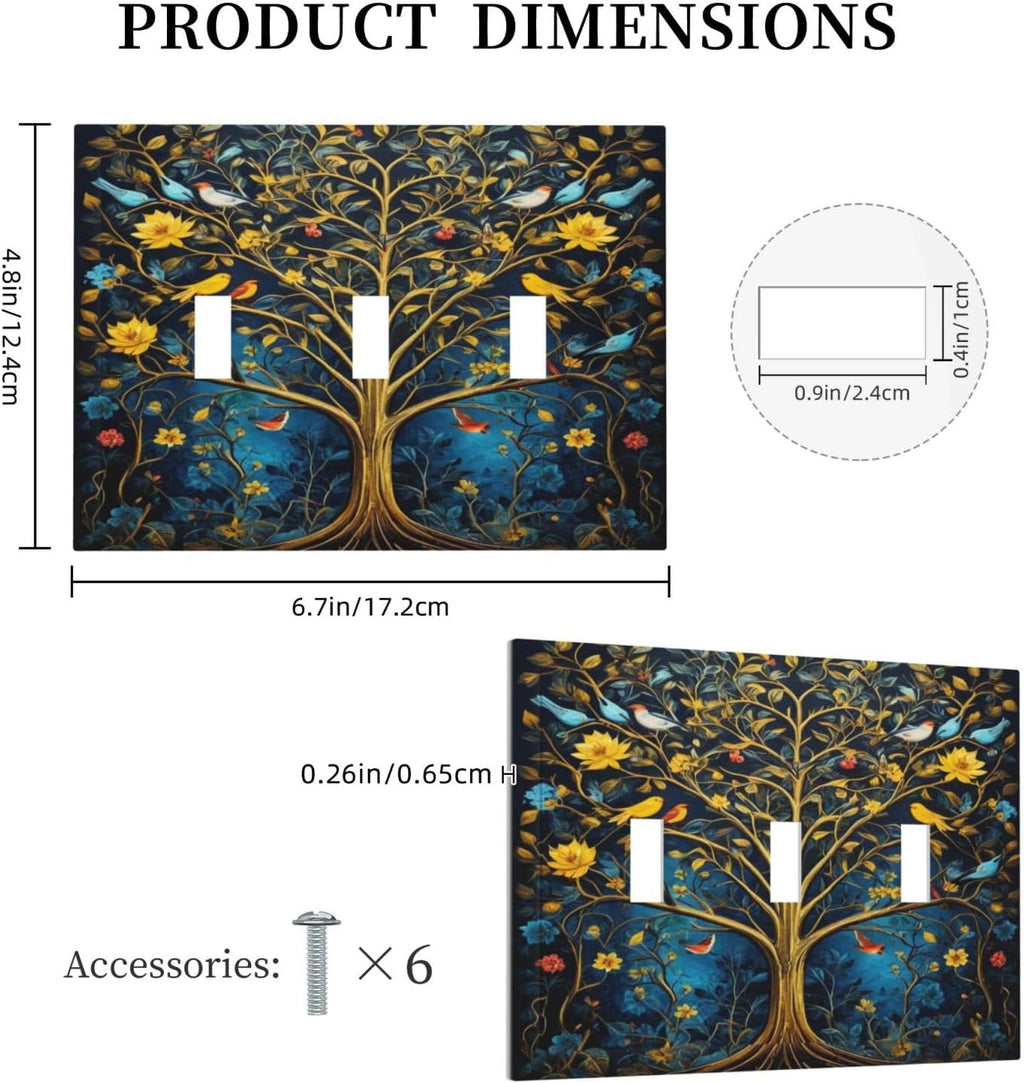 Gold Tree With Birds Flowers on Branches Light Switch Covers 3 Gang Triple Toggle Wall Plate Decorative Switchplate Electrical Faceplate for Farmhouse Living Decor