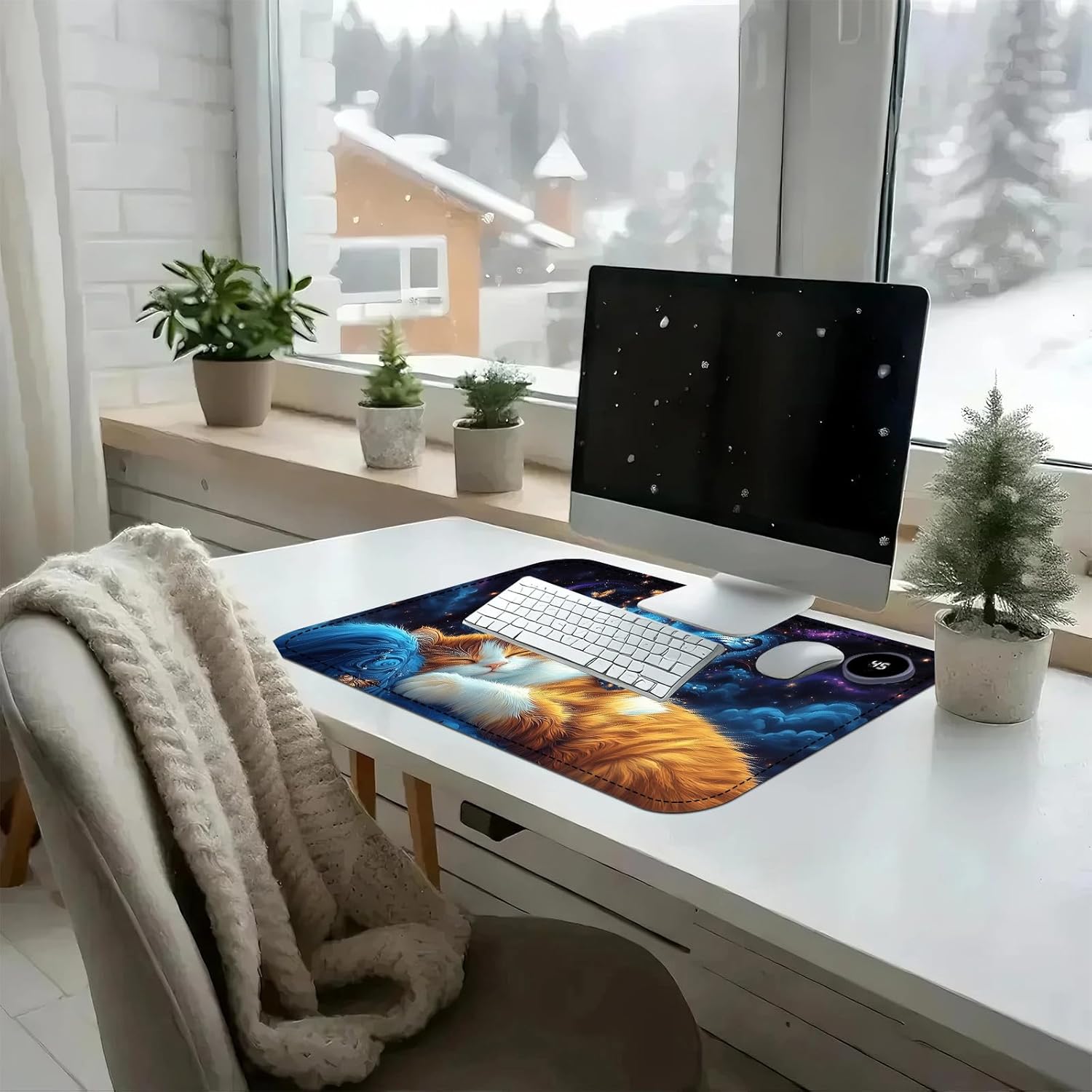 Heated Mouse Pad with 3 Temperature Settings(104°F–122°F),Large 24x14.2 Inch PU Leather Heated Desk Mat,Waterproof Warming Pad for Office,Gaming & Cold Hands Relief,Cat Bule Butterfly