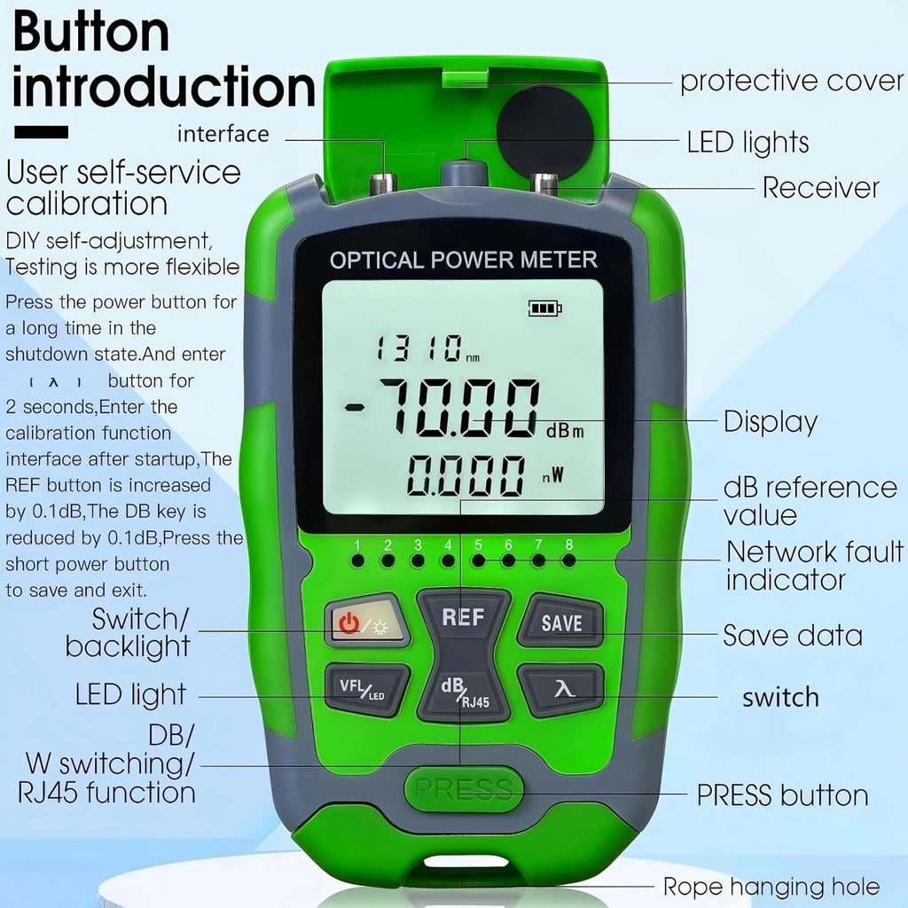 Dry Cell A-M70 OPM Portable Fiber Optic Power Meter Integrated Machine 50 (FC/SC/ST) & RJ45 Network Test Portable Fiber Optic Tester ‑70 to +10 1pc FC to LC Adapter