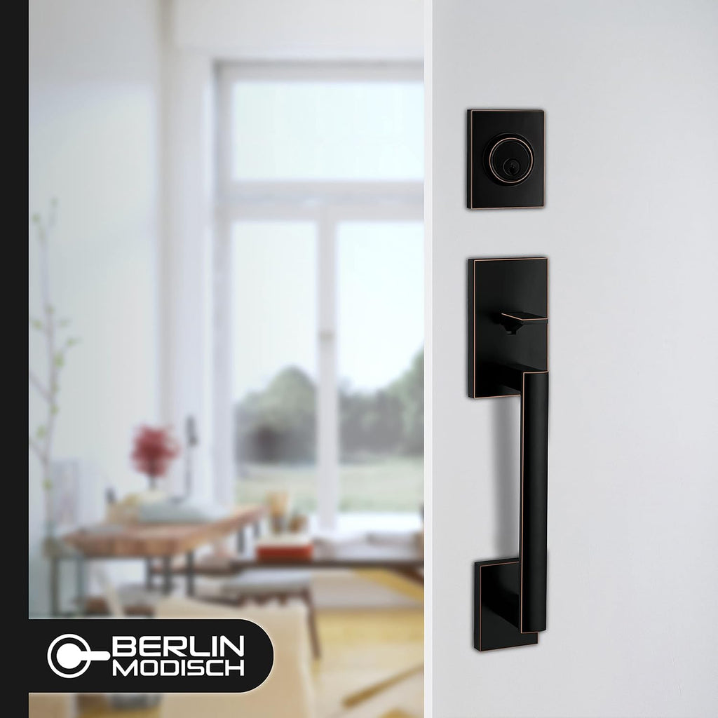 Berlin Modisch HandleSet Front Door Entry Handle and Deadbolt Lock Set Slim Square Single Cylinder Deadbolt and Lever Reversible for Right & Left Sided Doors Heavy Duty – Oil Rubbed Bronze