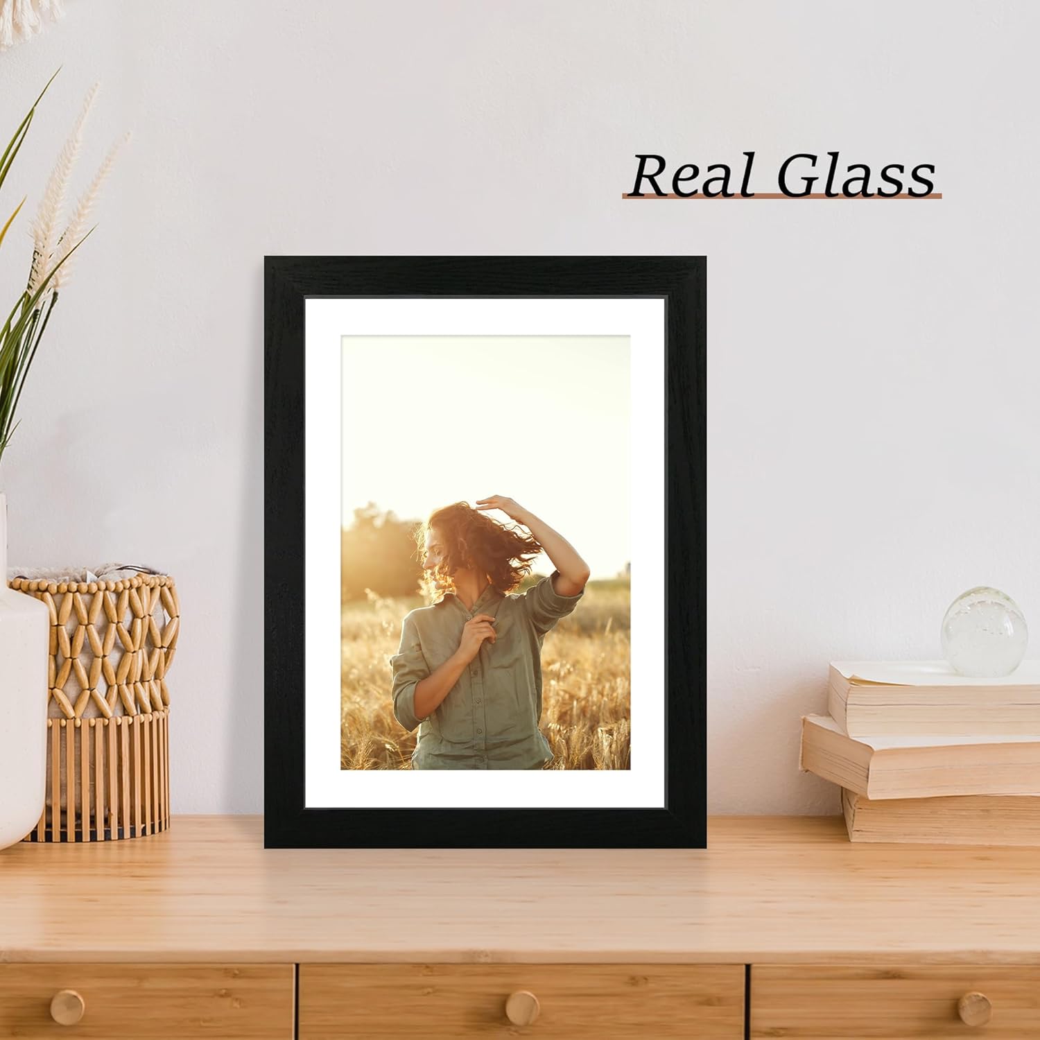 iRahmen 10x14 Picture Frame Set of 4 with Tempered Glass, Black Frame Display 8x12 Picture with Mat or 10 x 14 Without Mat, Rustic Wood Photo Frames for Horizontal or Vertical Wall Mounting