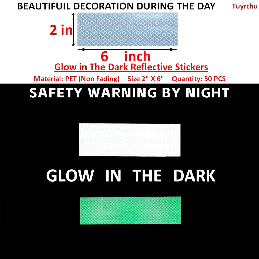 Glow in The Dark Reflective Stickers 2 inch X 6 inch for Truckskes, Warning Strong Safety Adhesive Reflective Strips (50 Pcs)