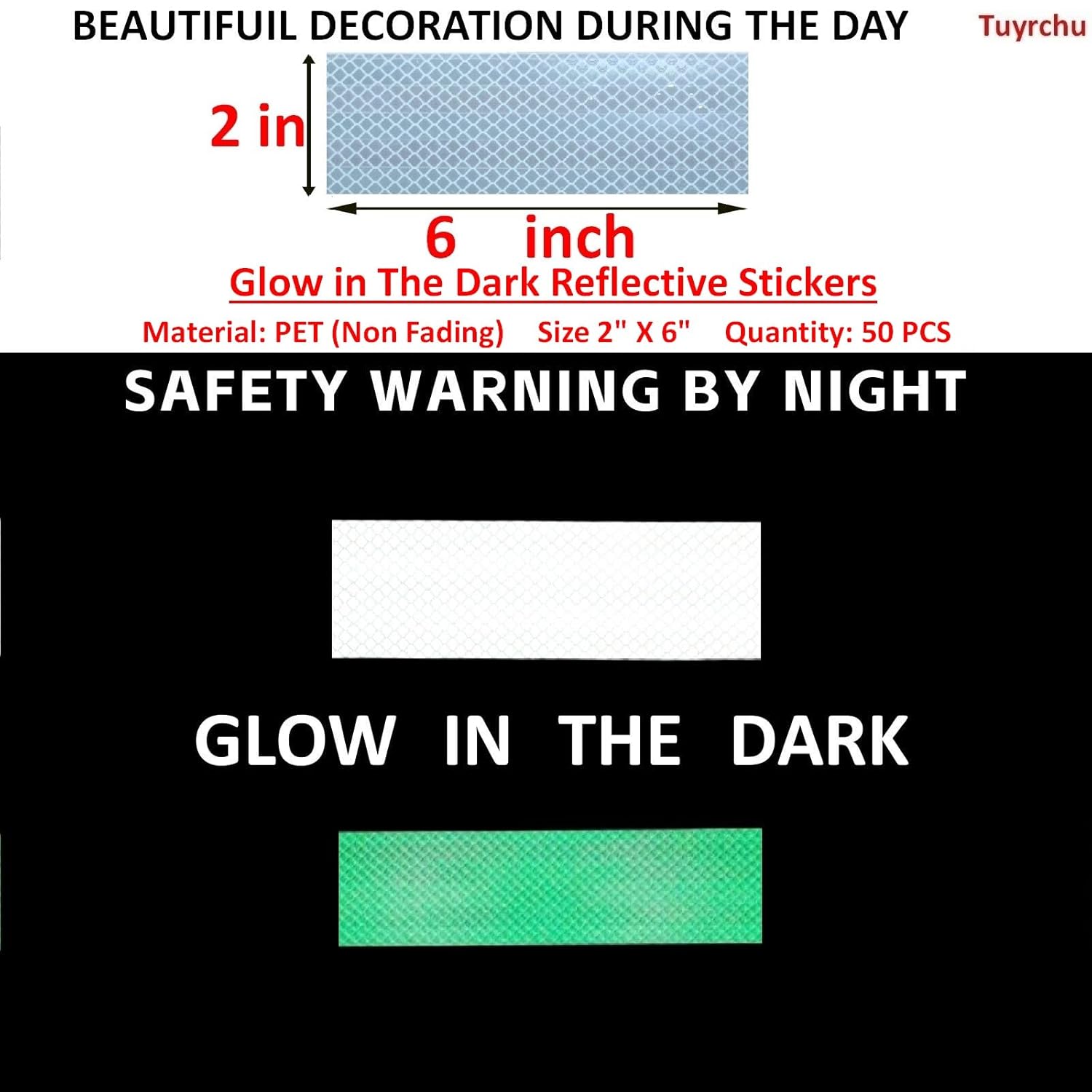 Glow in The Dark Reflective Stickers 2 inch X 6 inch for Truckskes, Warning Strong Safety Adhesive Reflective Strips (50 Pcs)