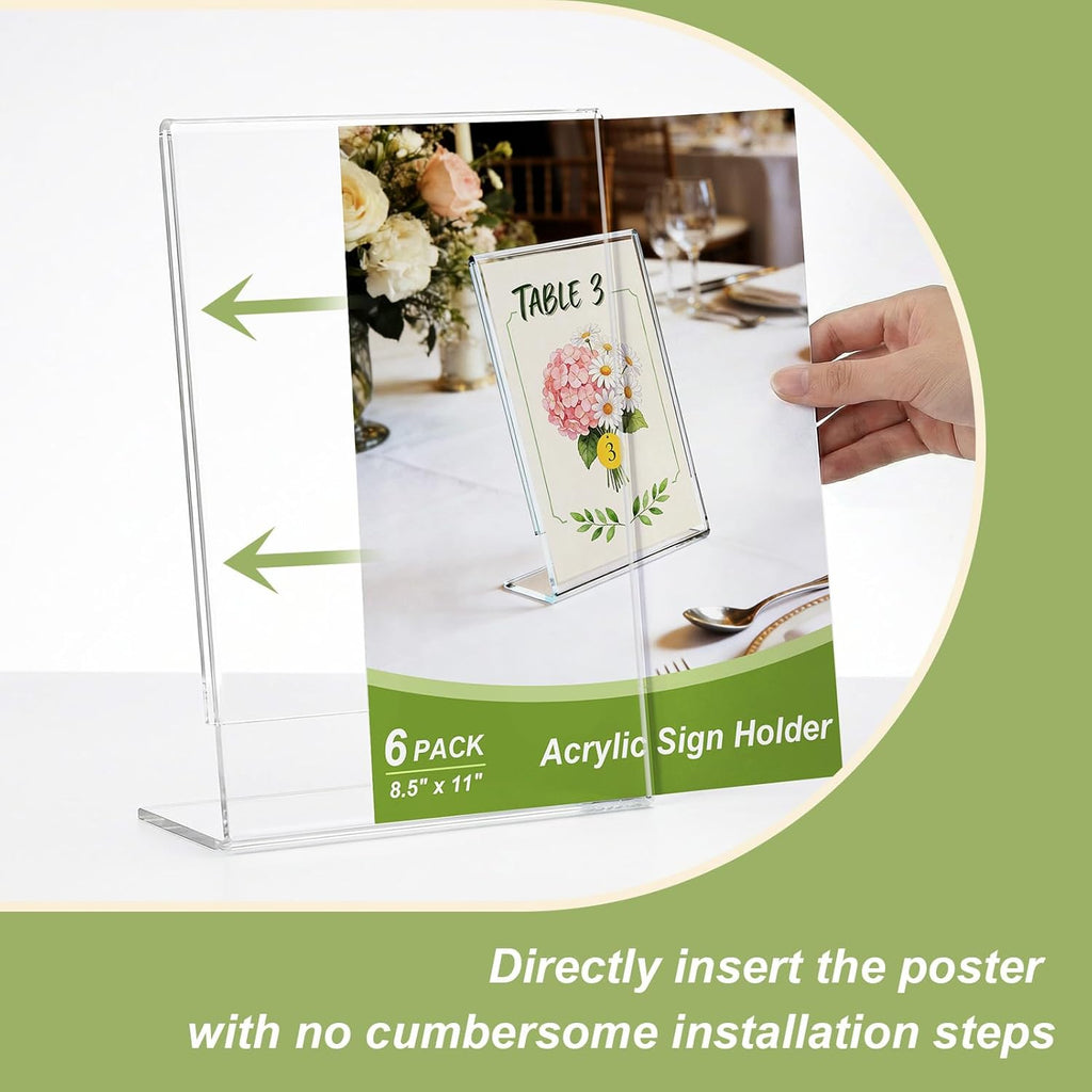 6 Pack Acrylic Sign Stand Holders, 8.5 x 11 Clear Plastic L Shape Table Paper Display Stand, Suit for Displaying Posters, Picture, Flyers, Menu
