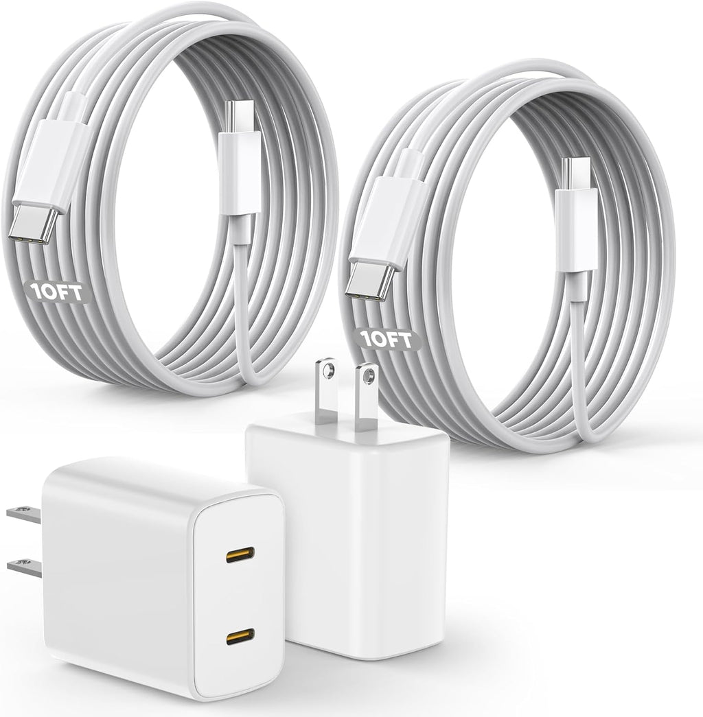 45W 2 Pack Super Fast Charger USB C Dual Port with 2×10FT White Type-C Charger Cord Block for iPhone17/17air/17 Pro/16/16e/16Pro Max/15/15Plus,i Pad,Compact Plug for Home/Travel, Safe & Durable Design