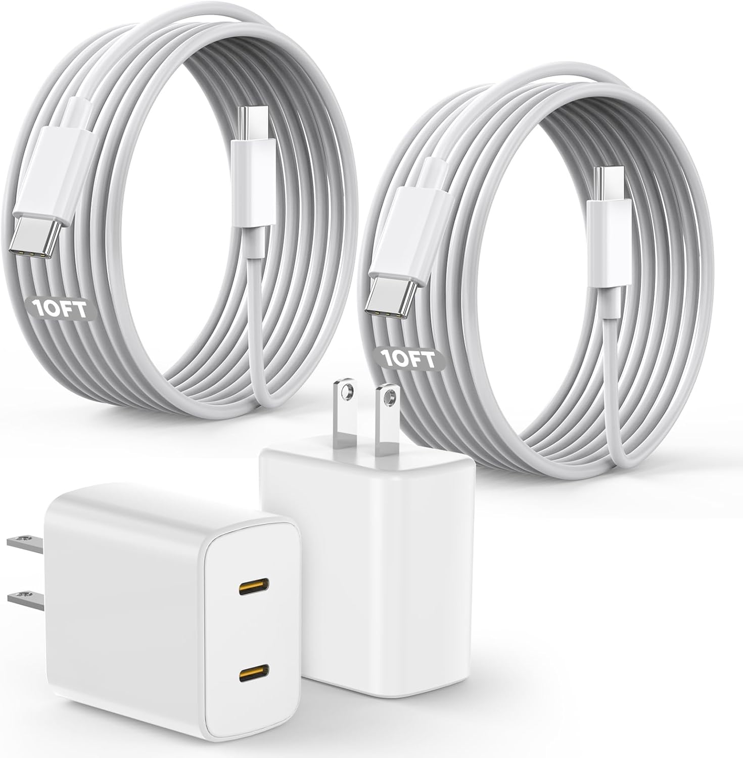 45W 2 Pack Super Fast Charger USB C Dual Port with 2×10FT White Type-C Charger Cord Block for iPhone17/17air/17 Pro/16/16e/16Pro Max/15/15Plus,i Pad,Compact Plug for Home/Travel, Safe & Durable Design