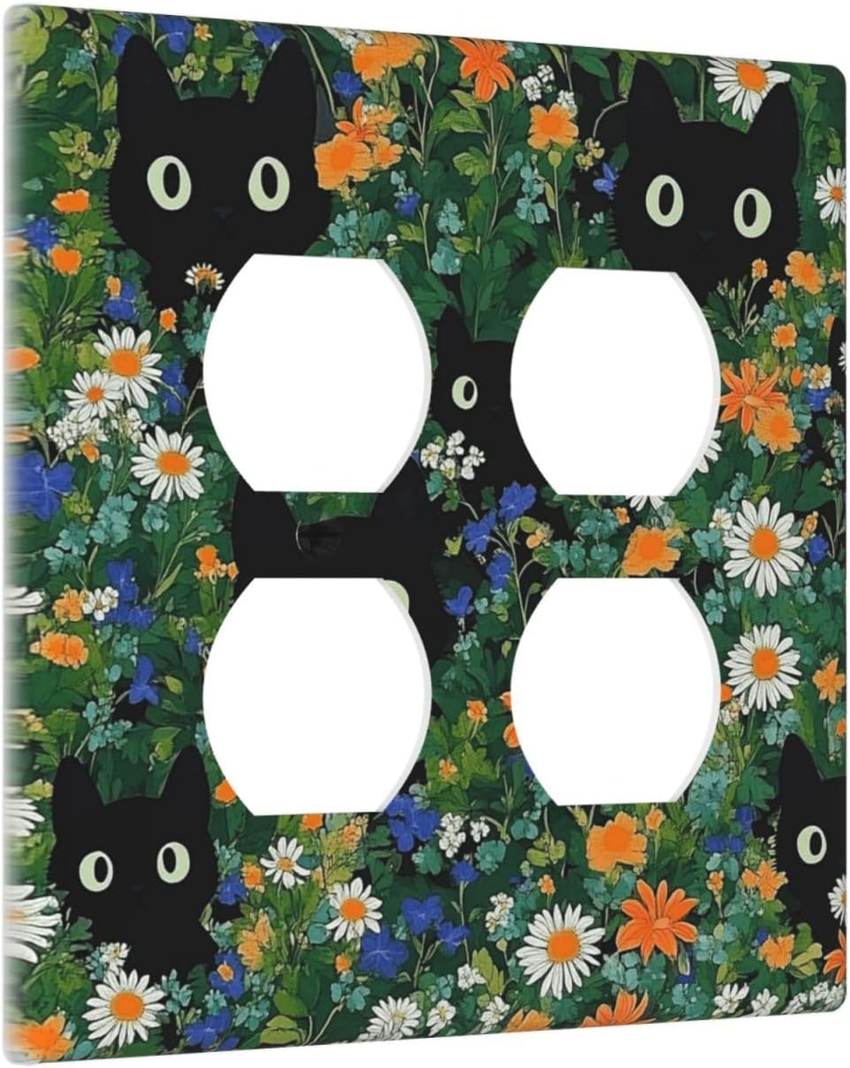 Boho Funny Black Cute Cats Daisy Wildflower Outlet Covers 2 Gang Double Duplex Decorative Light Switch Covers Electrical Wallplates Socket Faceplate For Kids Room Bed Room Decor