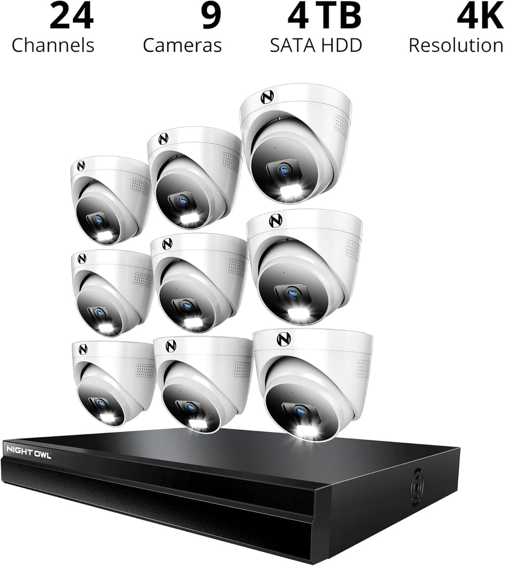 Night Owl Power Over Ethernet 24 Channel NVR Video Home Security Camera System with (9) Wired IP 4K HD Indoor/Outdoor Deterrence Dome Cameras and 4TB Hard Drive (Add up to 8 Wi-Fi Cameras)
