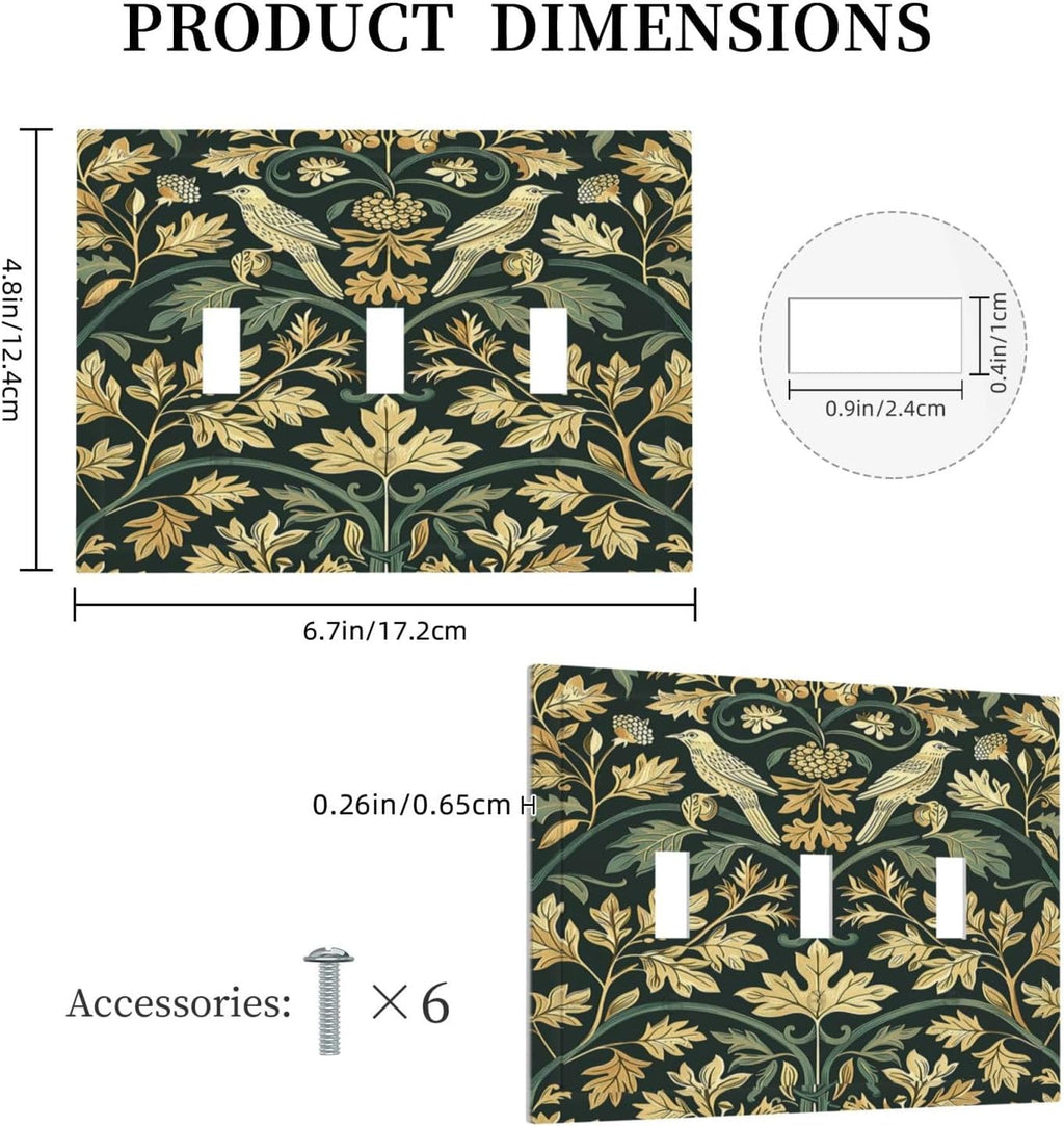 Decorative Switch Plates William Morris Vintage Botanical Birds Golden Green Leaves 3 Gang Wall Plate Triple Toggle Light Switch Cover Faceplate Electrical Wall Panels for Bedroom Home