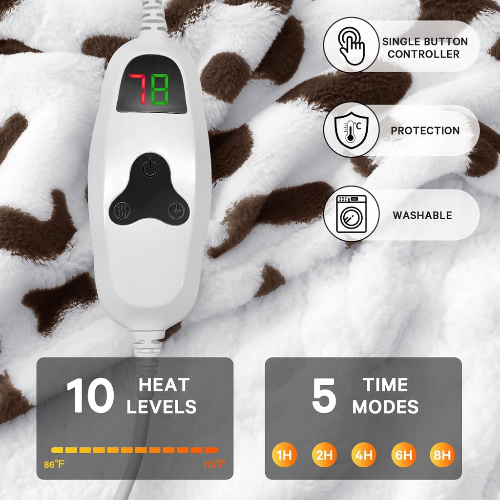 Cow Print Heated Electric Blanket Twin,62X84 Brown Heating Blanket with 10 Heats Levels & 8 Hours Auto Off,Cute Cow Decor Fleece Sherpa Blankets Warmer Gifts for Women Couch Office,Washable
