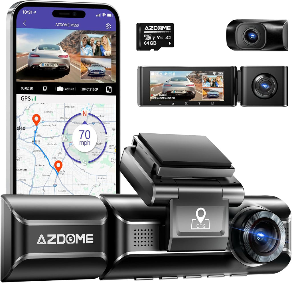 AZDOME M550 3 Channel Dash Cam, 4K+2.5K Dual Dash Camera for Cars Built-in WiFi GPS, 1440P+1080P+1440P Front and Rear Inside, 64GB Card Included, 3.19" IPS Screen, WDR, IR Night Vision, Parking Mode