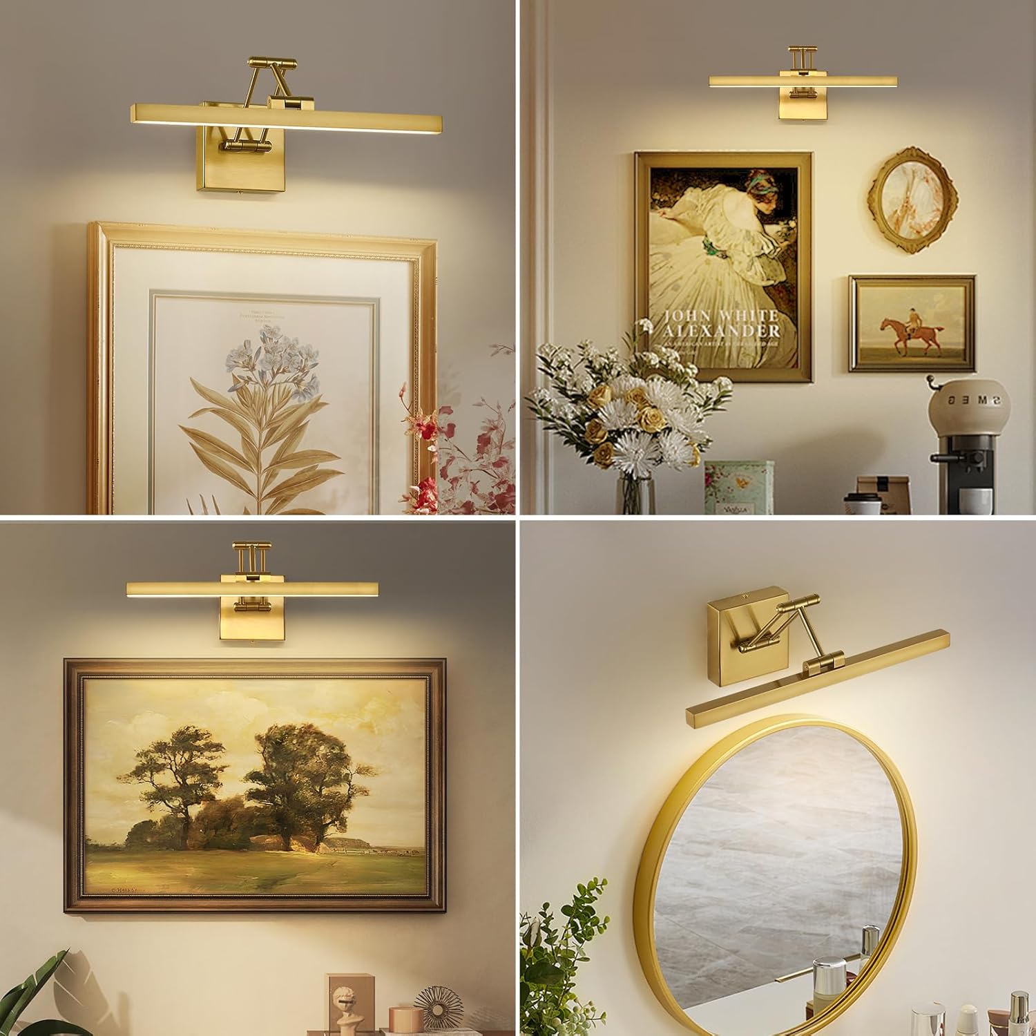 Hard-Wired Picture Light Dimmable LED Picture Lights for Paintings 15.7" Inch Brass Metal Body Wall Pictures with Adjustable Gold Swing Arm Art Display Lamps 7W 3000K Warm White Book Light