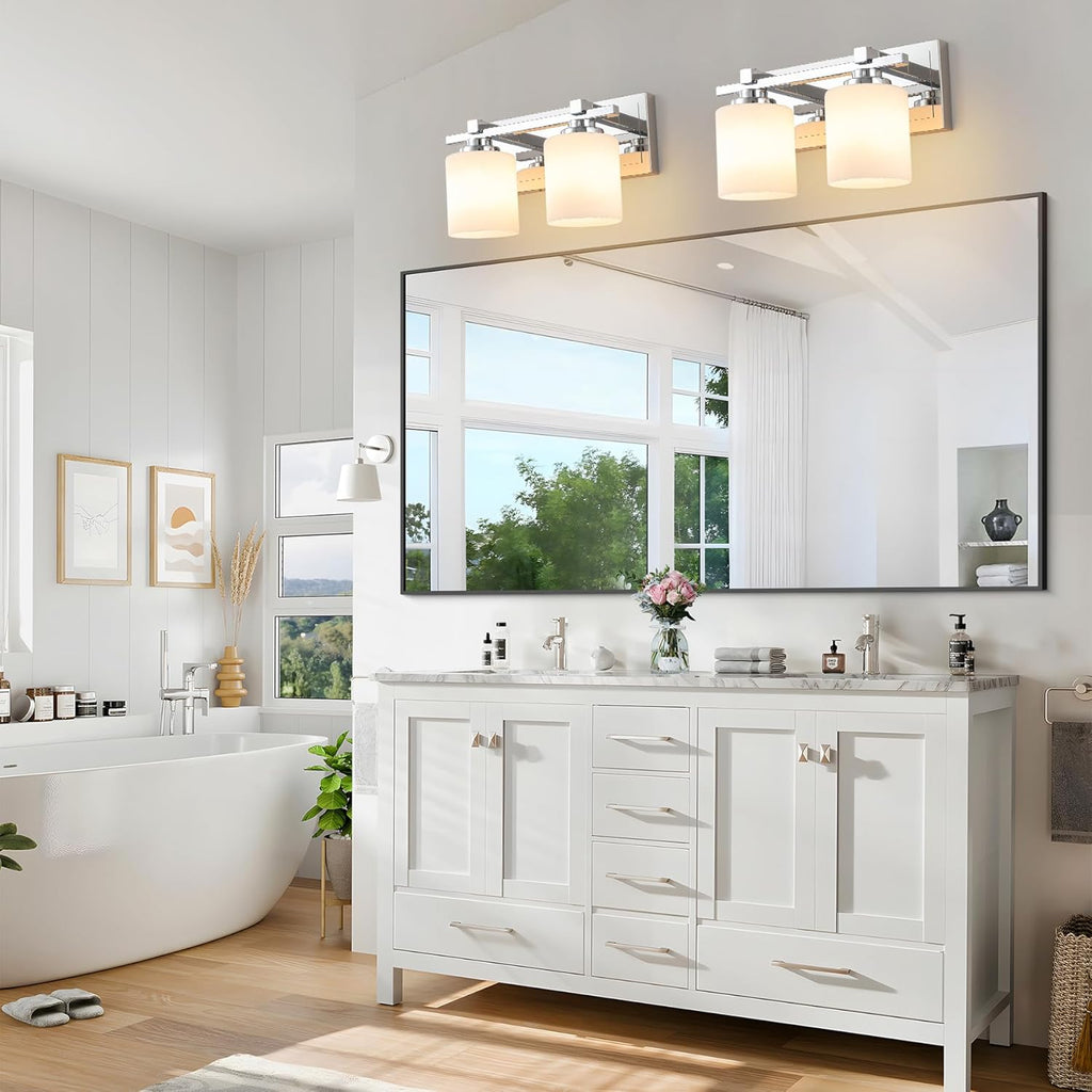 2 Light Modern Bathroom Light Fixtures Over Mirror, Chrome Vanity Lights for Bathroom Wall Sconces with Milky White Glass Shades, E26 Socket (Bulbs Not Included)