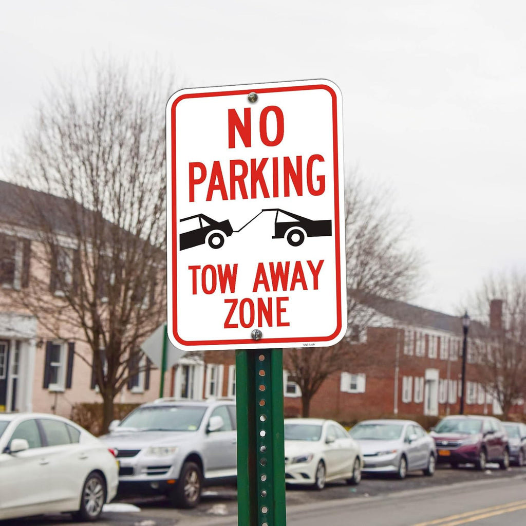 Large (4 Pack) No Parking Symbol Tow Away Zone Sign, 12x18 Inches Engineer Grade Reflective Rust Free Aluminum, 2 Pre-Drilled Holes Easy to Mount