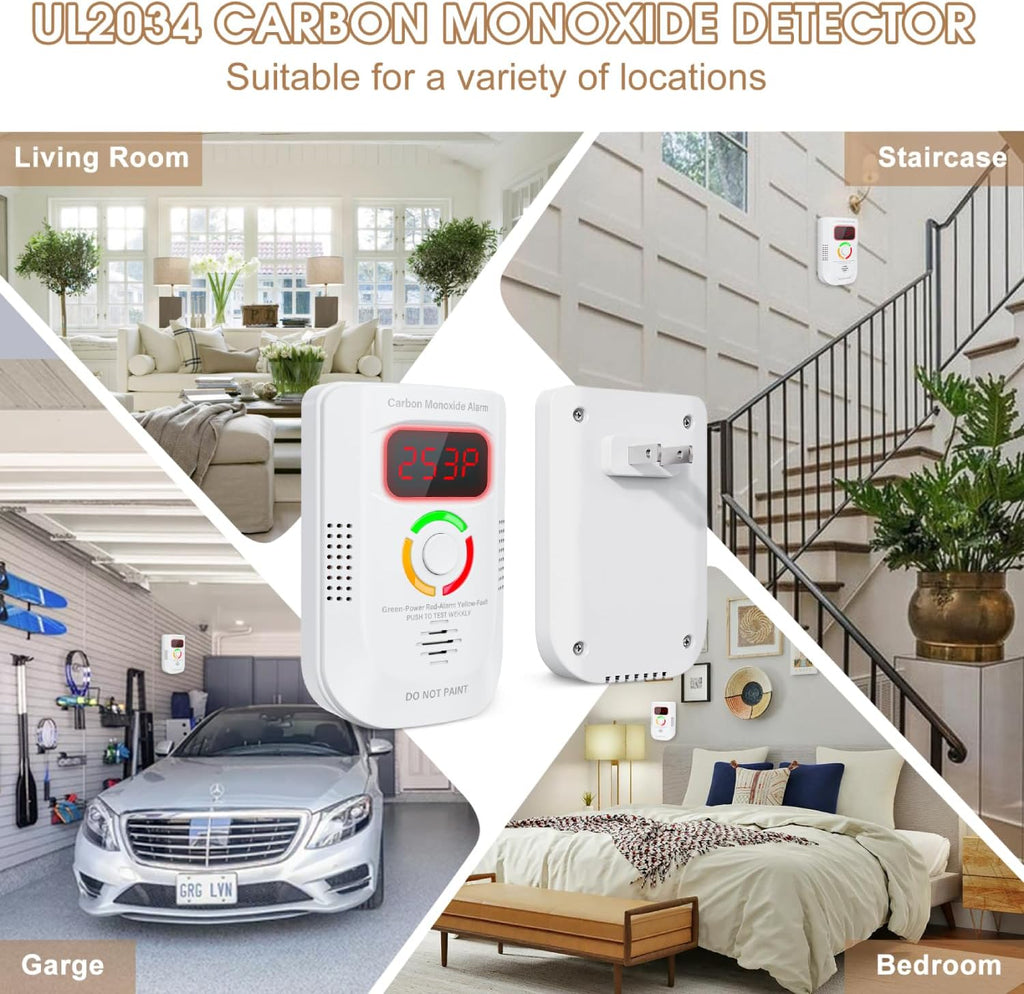 2 Pack Carbon Monoxide Detector, Plug-in Wall Carbon Monoxide Gas Detector, Portable Carbon Monoxide Detector with Digital Display LED, CO Alarm Monitor with Audible and Visual Alarm Test Mute Button