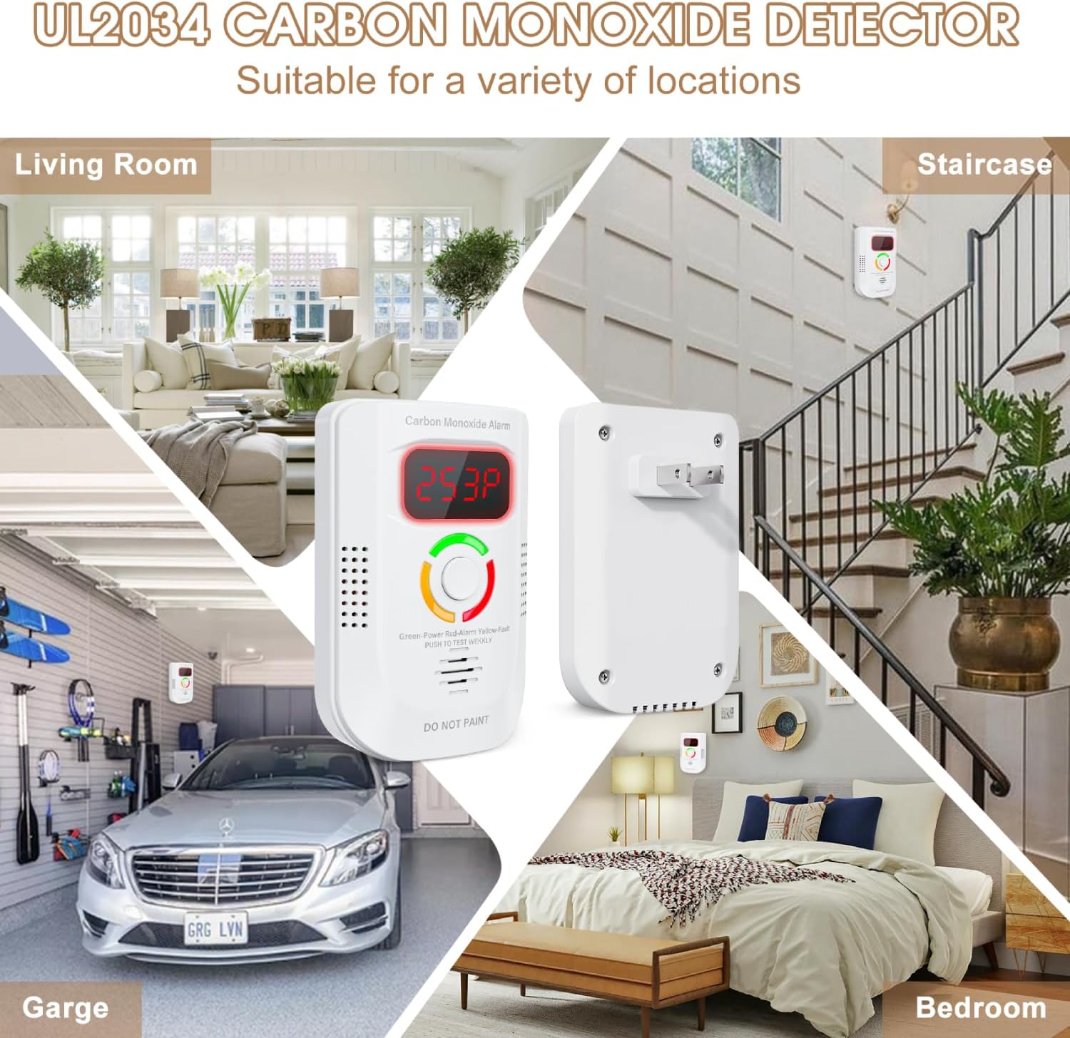 2 Pack Carbon Monoxide Detector, Plug-in Wall Carbon Monoxide Gas Detector, Portable Carbon Monoxide Detector with Digital Display LED, CO Alarm Monitor with Audible and Visual Alarm Test Mute Button