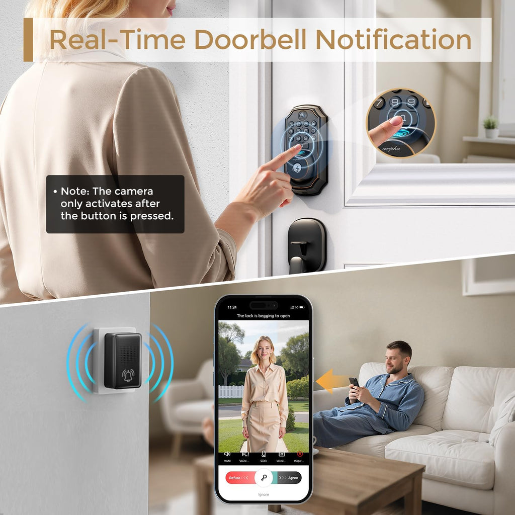 WiFi Video Smart Lock with Camera & Doorbell - 5-in-1 Keyless Entry, Fingerprint, Keypad, App Control, Two-Way Audio, Auto Lock, Waterproof, Easy Installation