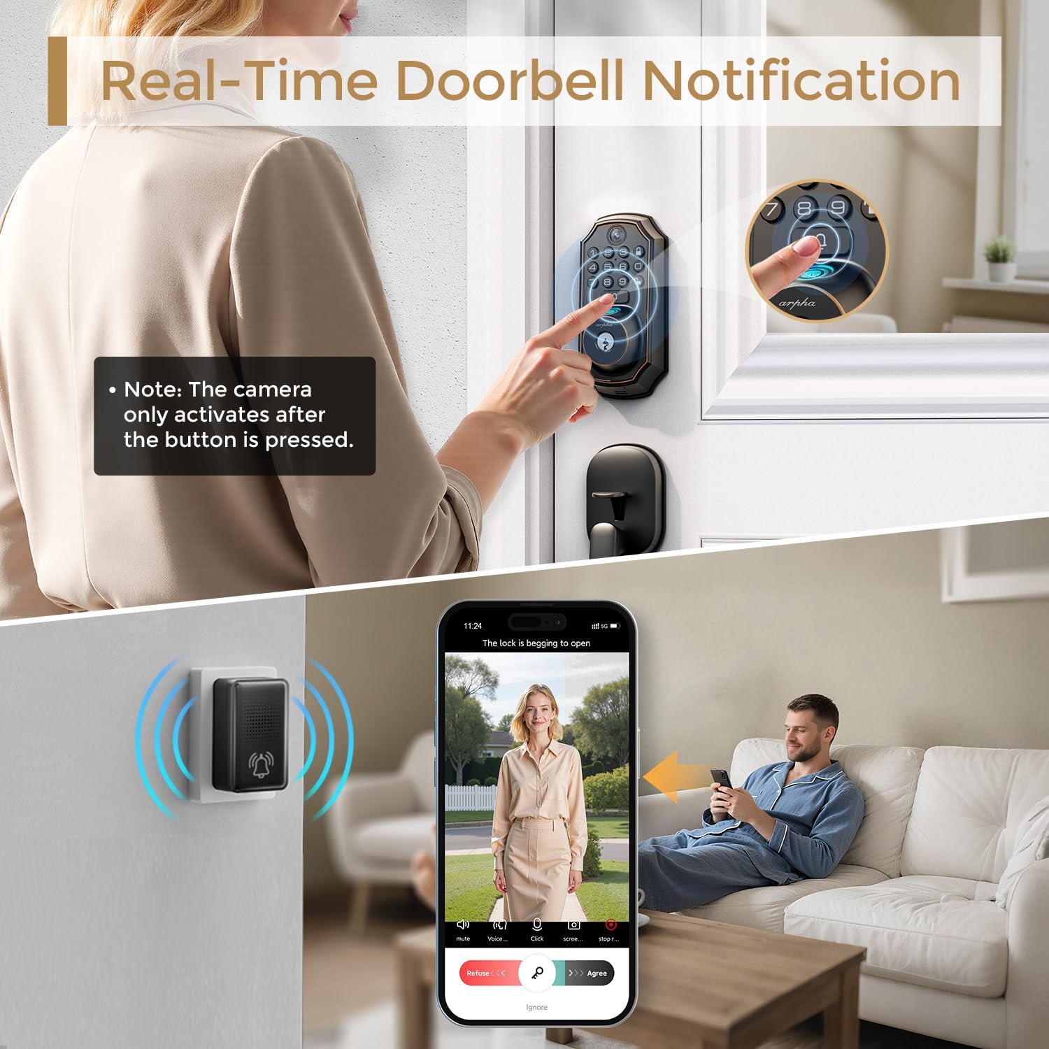 WiFi Video Smart Lock with Camera & Doorbell - 5-in-1 Keyless Entry, Fingerprint, Keypad, App Control, Two-Way Audio, Auto Lock, Waterproof, Easy Installation