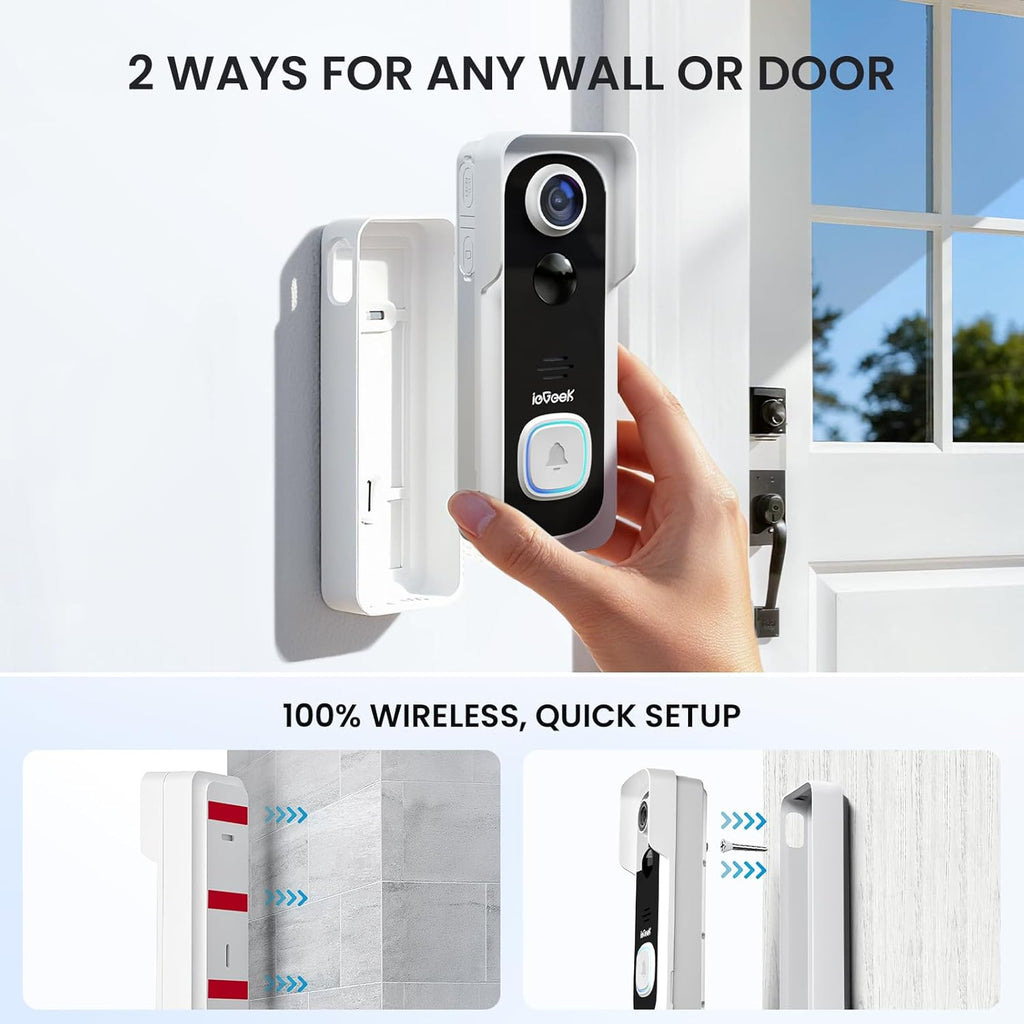 ieGeek Doorbell Camera Wireless No Subscription, 2K 3MP HD View, 2-Way Talk, PIR Motion Detection, Wireless Video Doorbell with Chime, Only Supports 2.4GHz WiFi, Local & Cloud Storage, White
